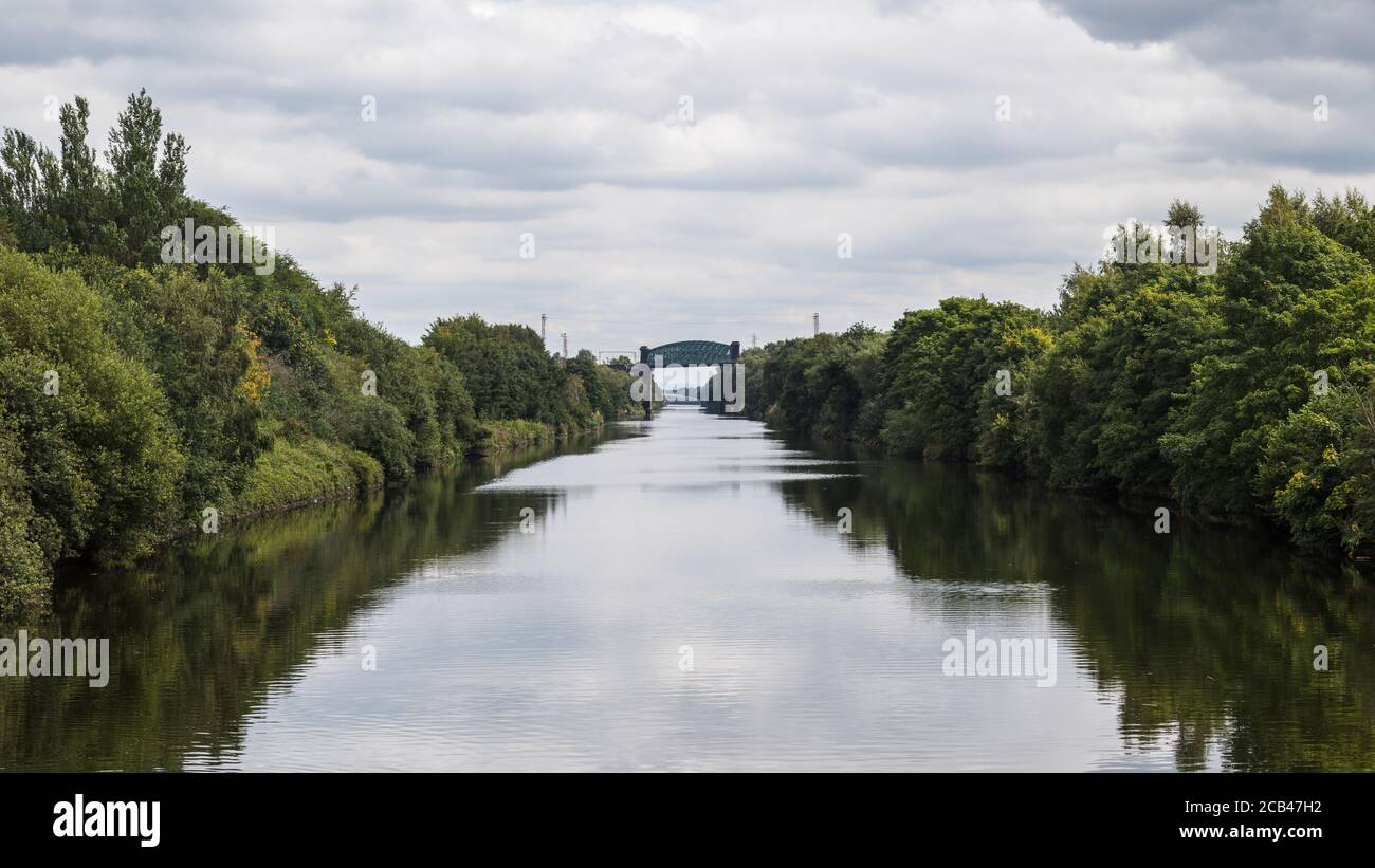 Panorama looking down the Manchester Ship Canal taken from the Moore Lane Swing Bridge in