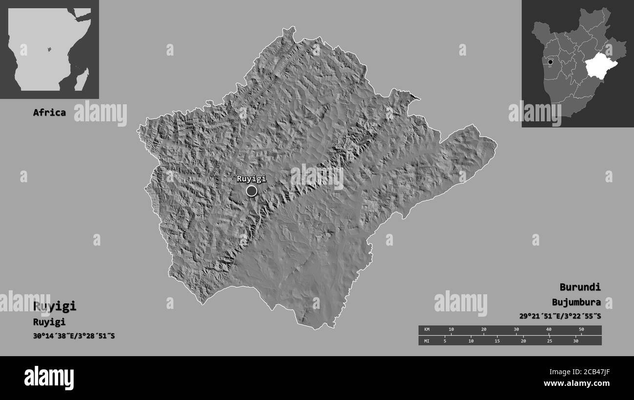 Shape of Ruyigi, province of Burundi, and its capital. Distance scale, previews and labels. Bilevel elevation map. 3D rendering Stock Photo