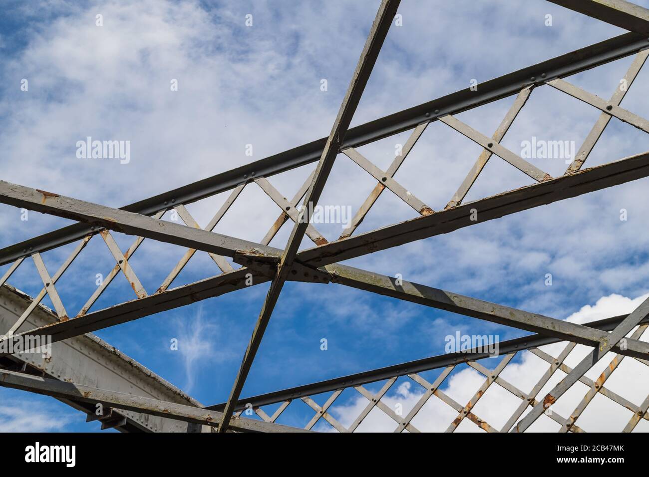 Looking up at the steel structure of the Moore Lane swing bridge in Cheshire. Stock Photo