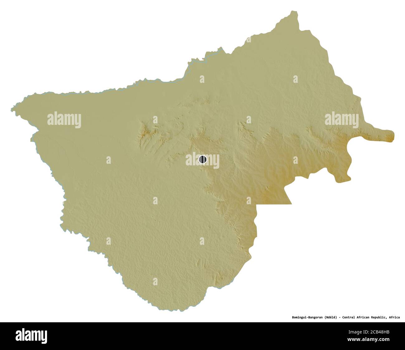 Shape of Bamingui-Bangoran, prefecture of Central African Republic, with its capital isolated on white background. Topographic relief map. 3D renderin Stock Photo