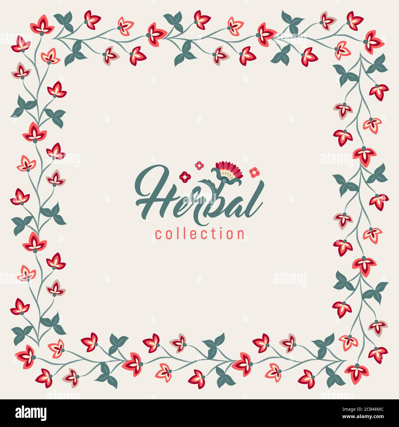 Floral square frame, Jacobean style flowers. Colorful herbal wreath