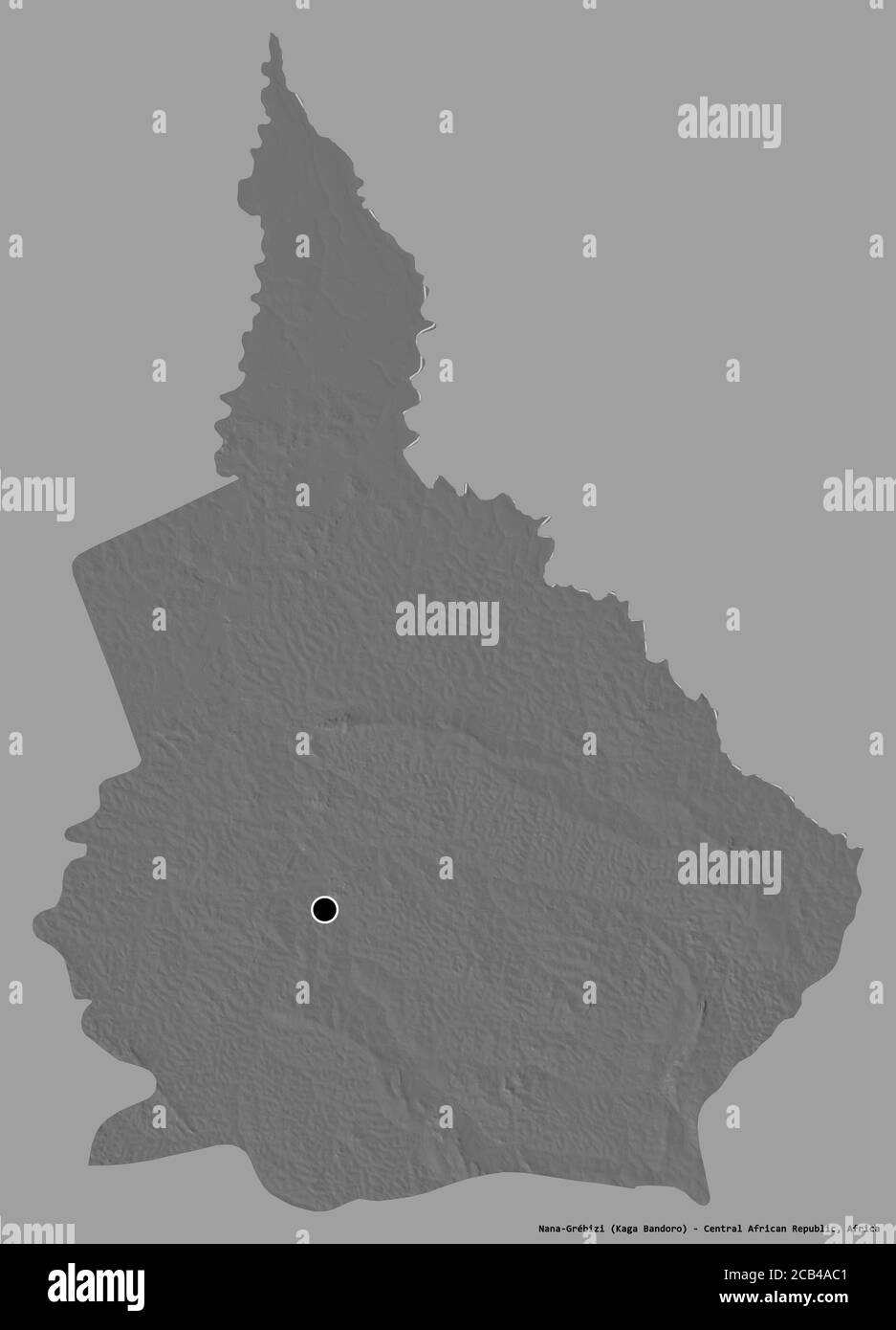 Shape of Nana-Grébizi, economic prefecture of Central African Republic, with its capital isolated on a solid color background. Bilevel elevation map. Stock Photo