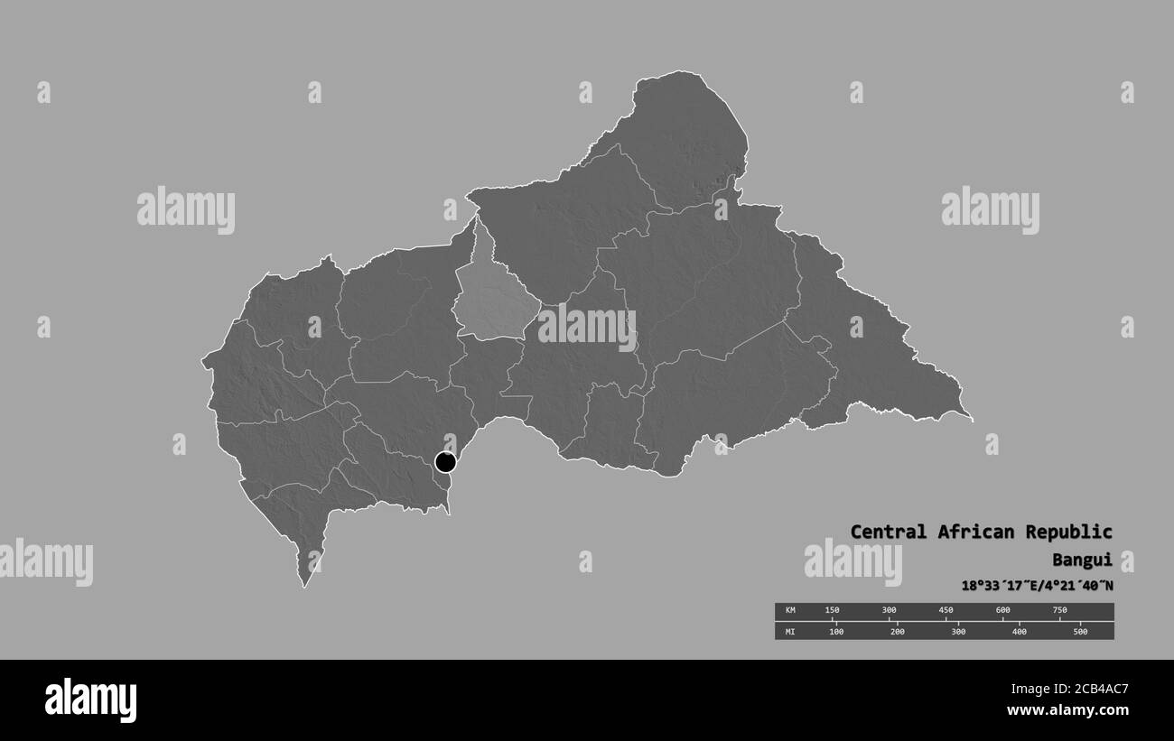 Desaturated shape of Central African Republic with its capital, main regional division and the separated Nana-Grébizi area. Labels. Bilevel elevation Stock Photo