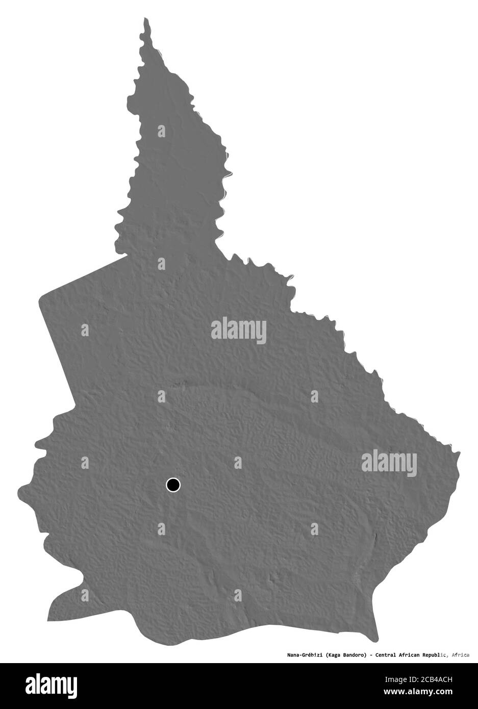 Shape of Nana-Grébizi, economic prefecture of Central African Republic, with its capital isolated on white background. Bilevel elevation map. 3D rende Stock Photo