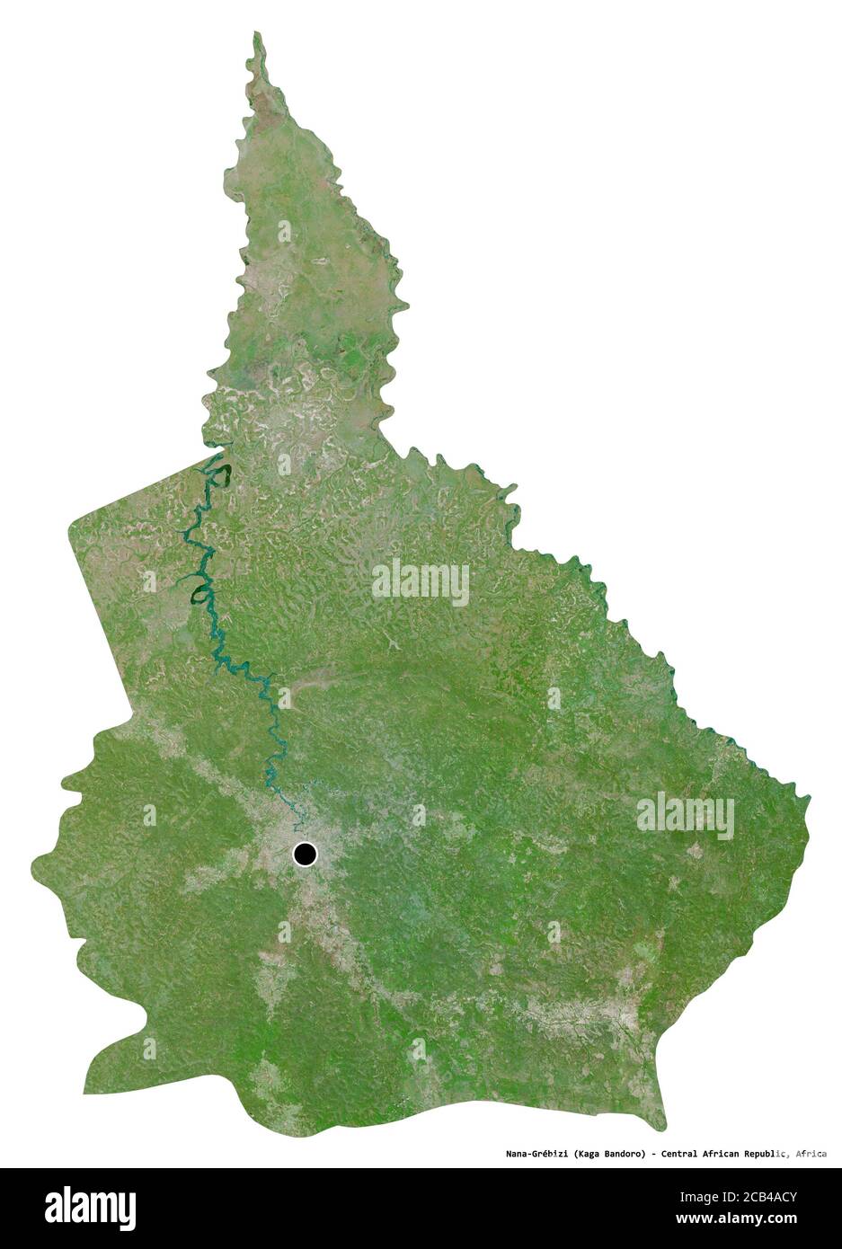 Shape of Nana-Grébizi, economic prefecture of Central African Republic, with its capital isolated on white background. Satellite imagery. 3D rendering Stock Photo