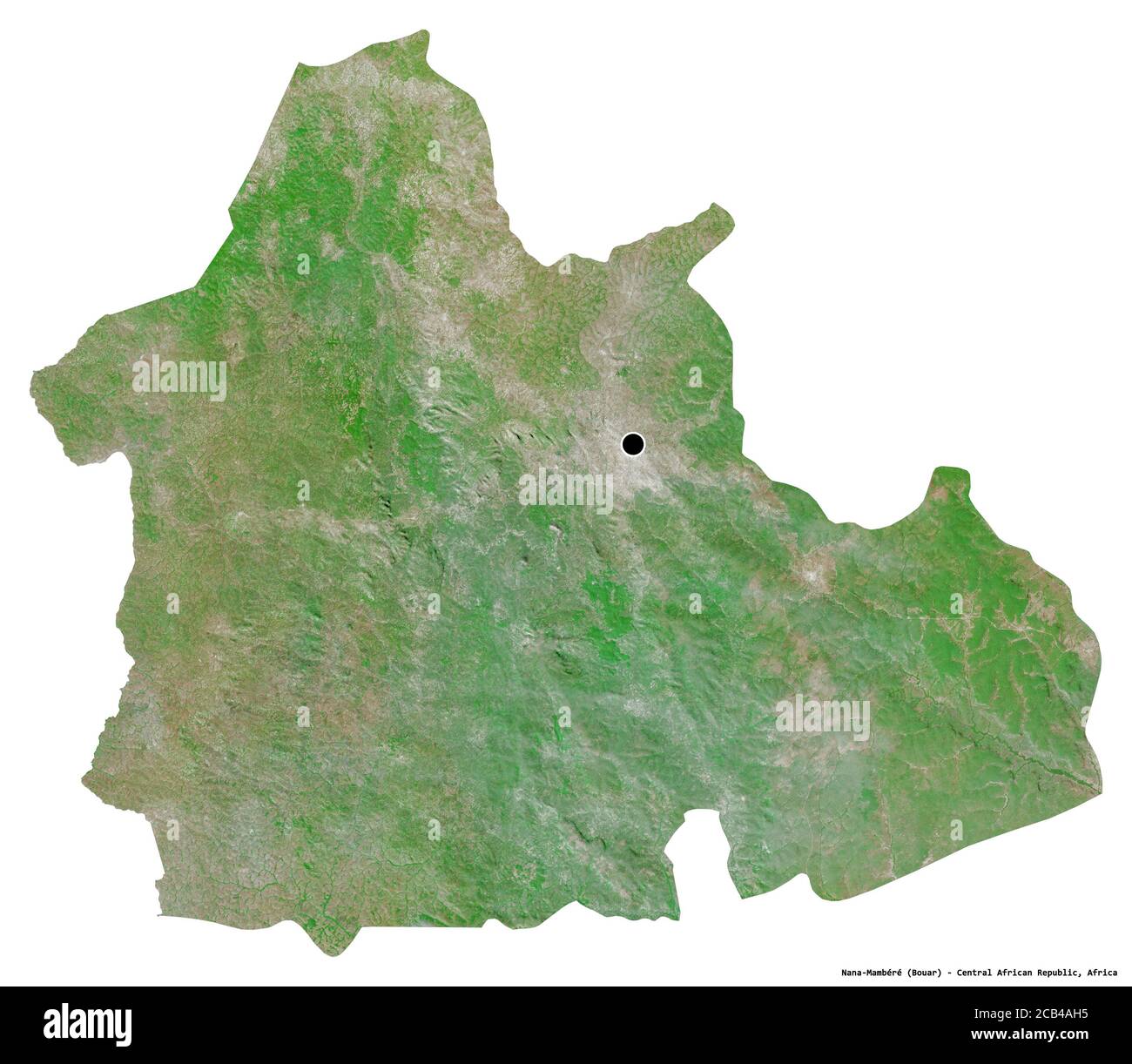 Shape of Nana-Mambéré, prefecture of Central African Republic, with its capital isolated on white background. Satellite imagery. 3D rendering Stock Photo