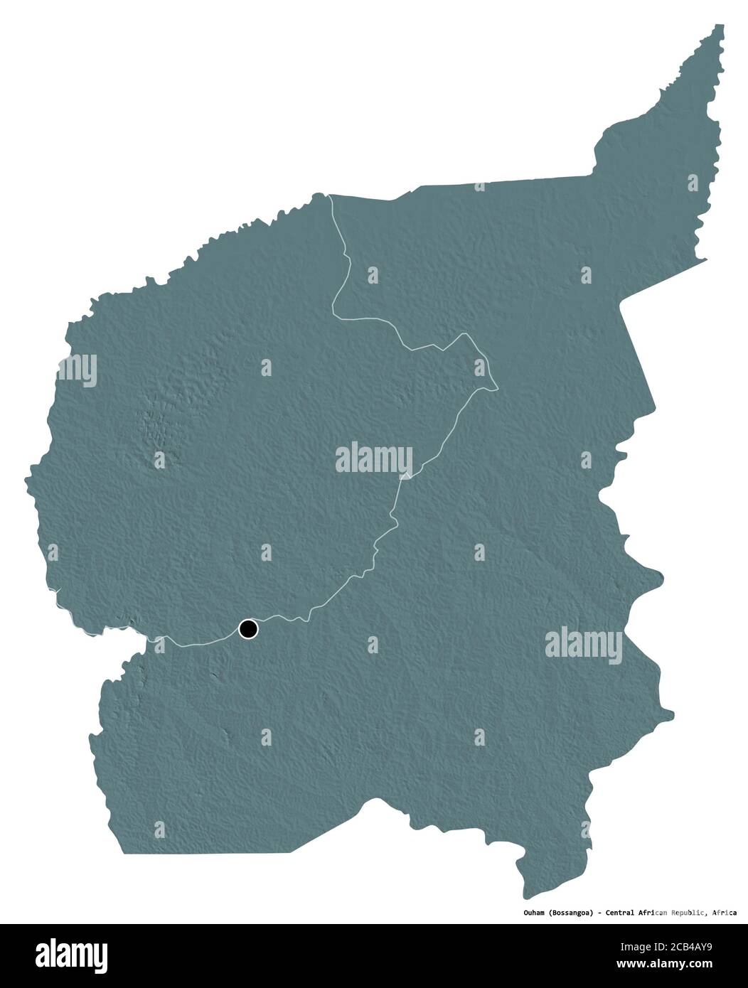 Shape of Ouham, prefecture of Central African Republic, with its capital isolated on white background. Colored elevation map. 3D rendering Stock Photo