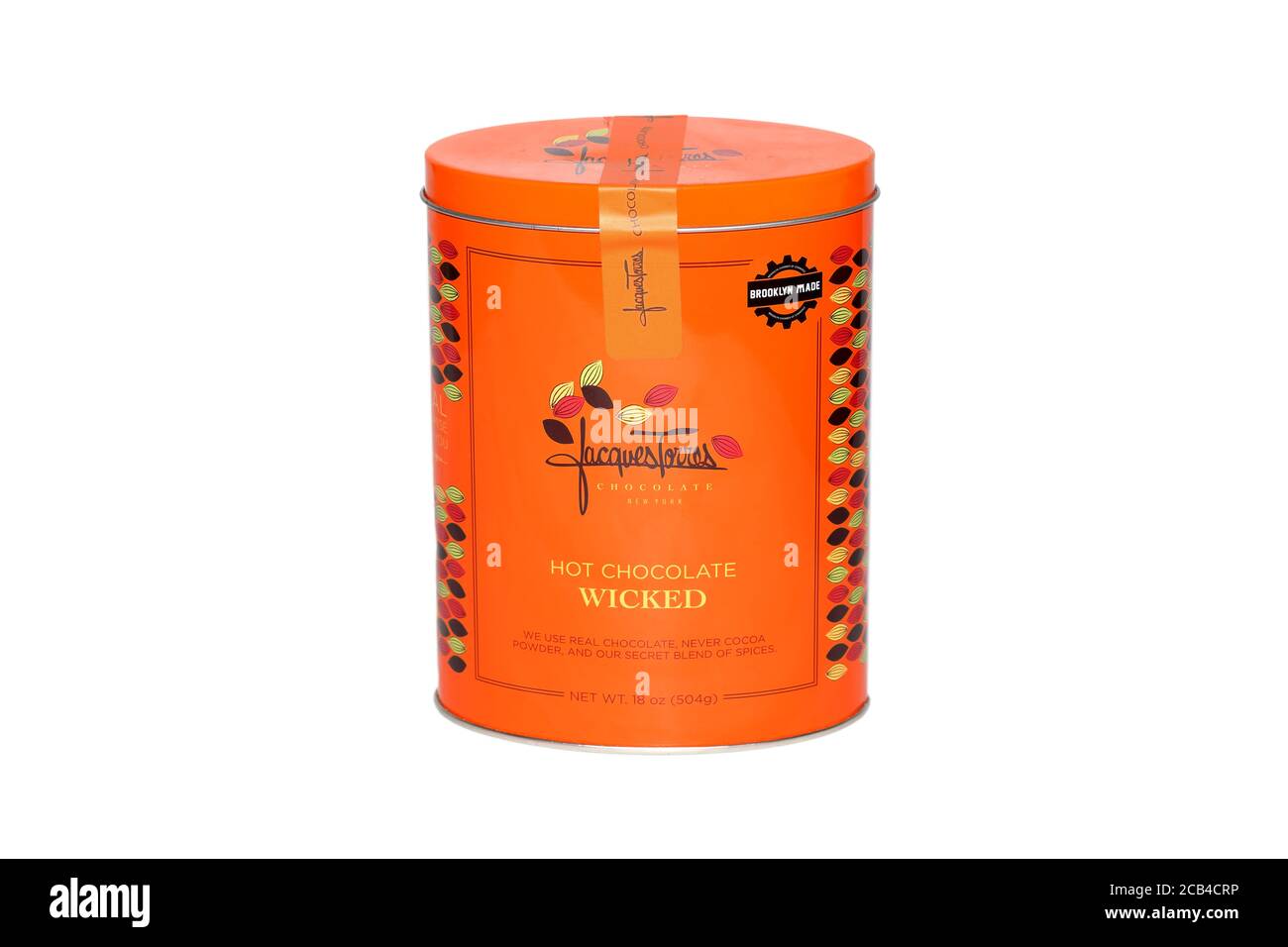 A 18oz tin of Jacques Torres Wicked Hot Chocolate, drinking chocolate, isolated on a white background for illustration and editorial use. Stock Photo