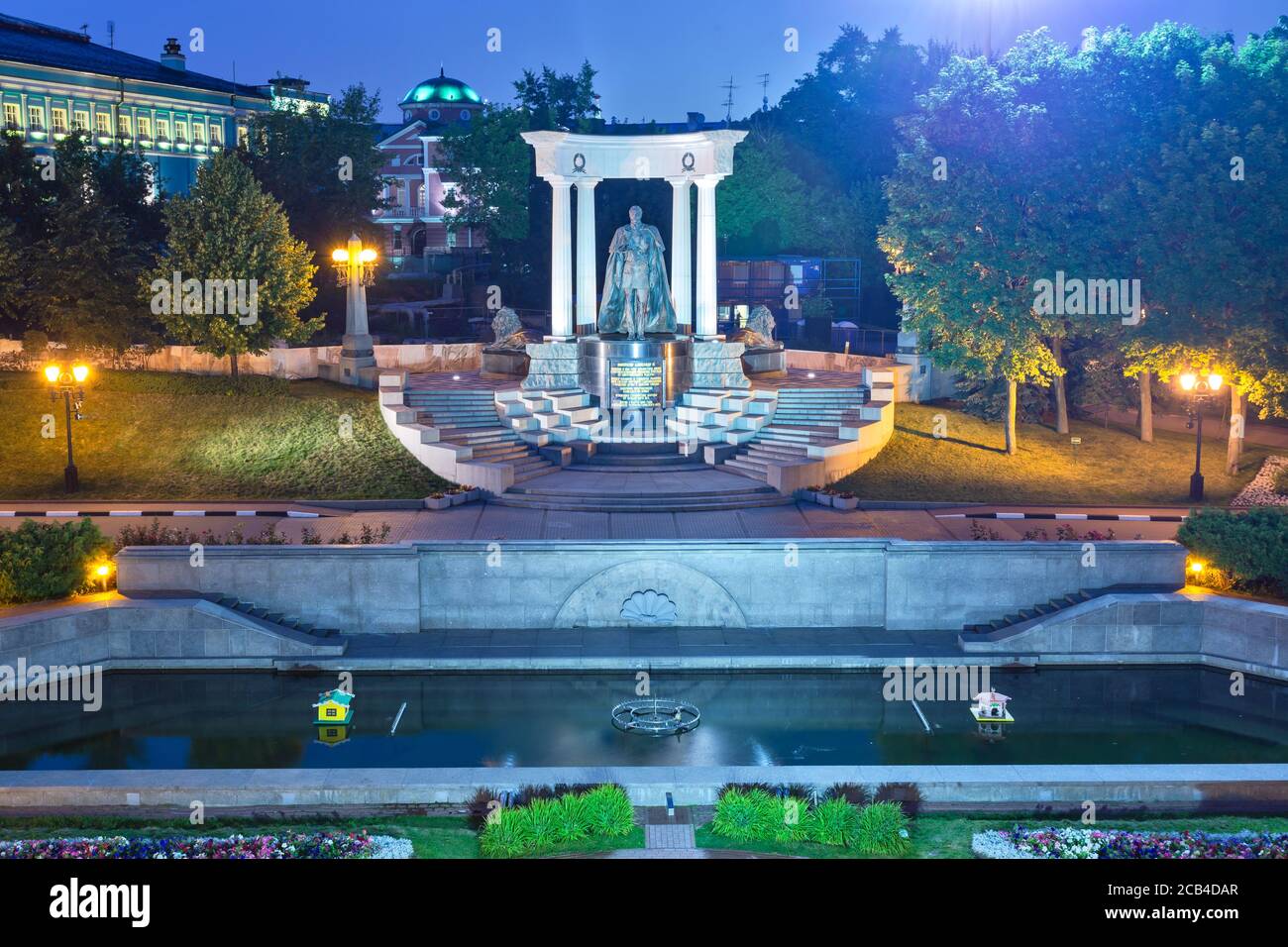 The Monument to Alexander II, situated to the Cathedral of Christ the Saviour in Moscow, by night Stock Photo