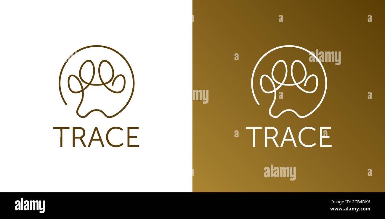 Paw print logo with circular frame. Cat or dog symbol isolated on light background. Animal trace