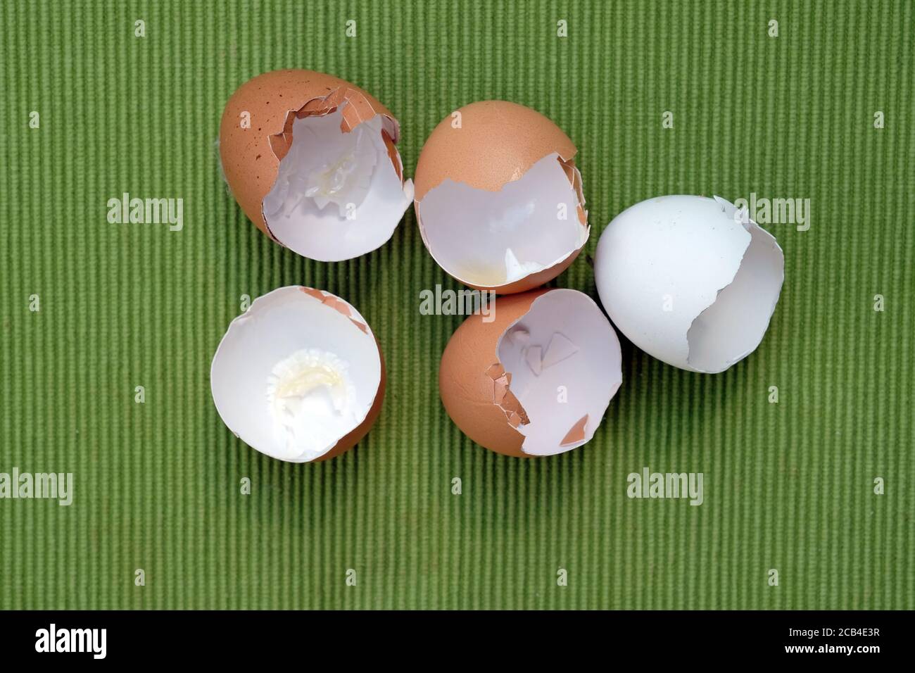 Eggshells brown and white on a green background. Chicken egg shells. Stock Photo