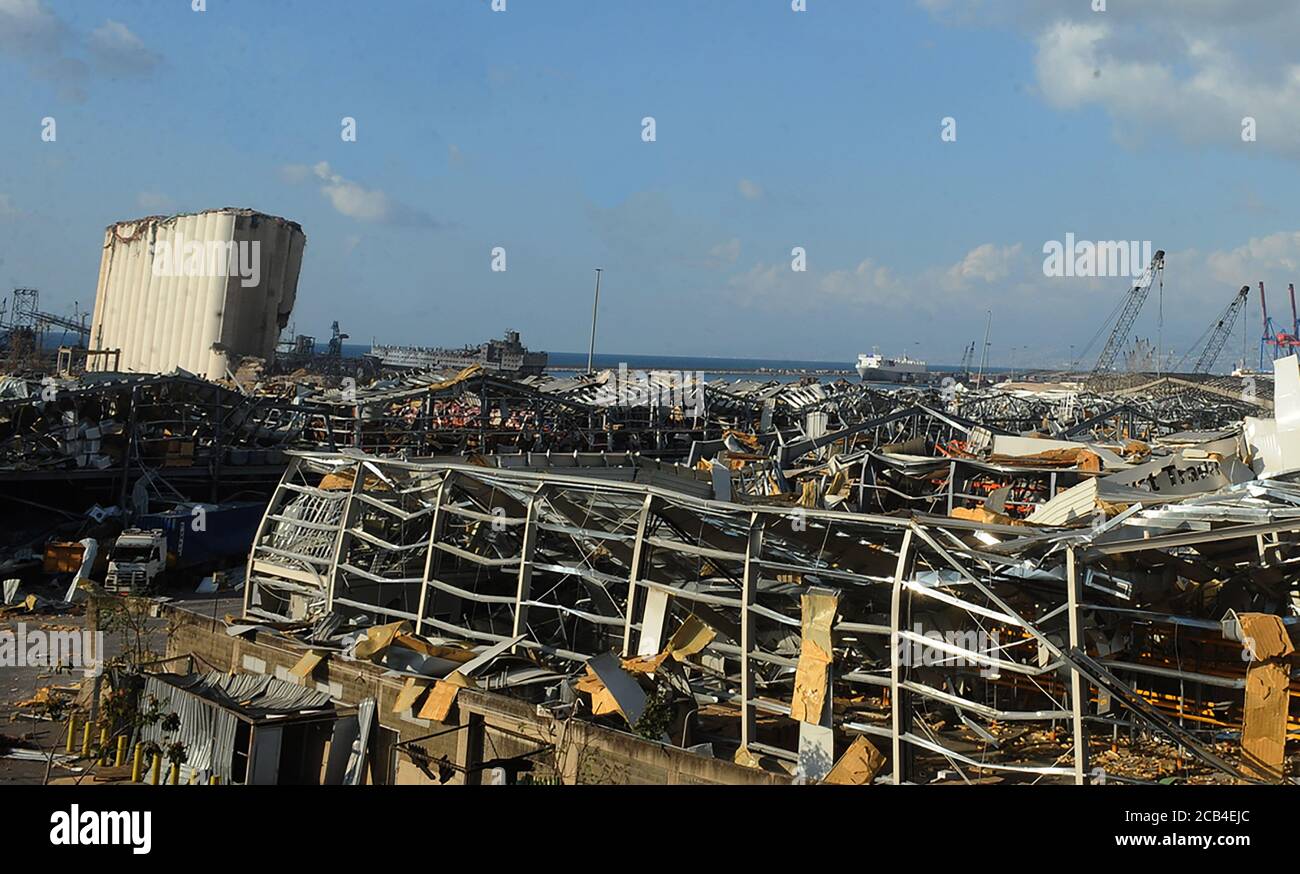 Beirut, Lebanon. 10th Aug, 2020. The destruction of Beirut's port is seen following an explosion six days ago in Beirut, Lebanon, on Monday, August 10, 2020. A huge explosion, linked to improperly stored hazards chemicals, devastated large parts of the Lebanese capital killing at least 163 and injuring more than 6000 on August 6. Lebanon's government has stepped down in the wake of the explosion and violent protests that followed. Photo by Mustafa Jamaleddine/ Credit: UPI/Alamy Live News Stock Photo