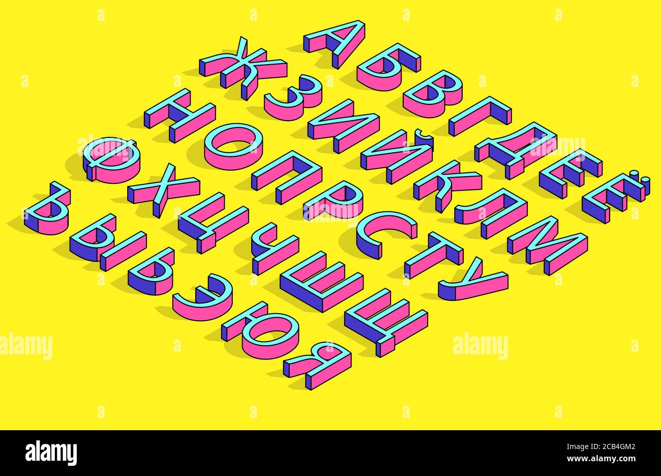 Pop art isometric Russian alphabet on yellow background Stock Vector