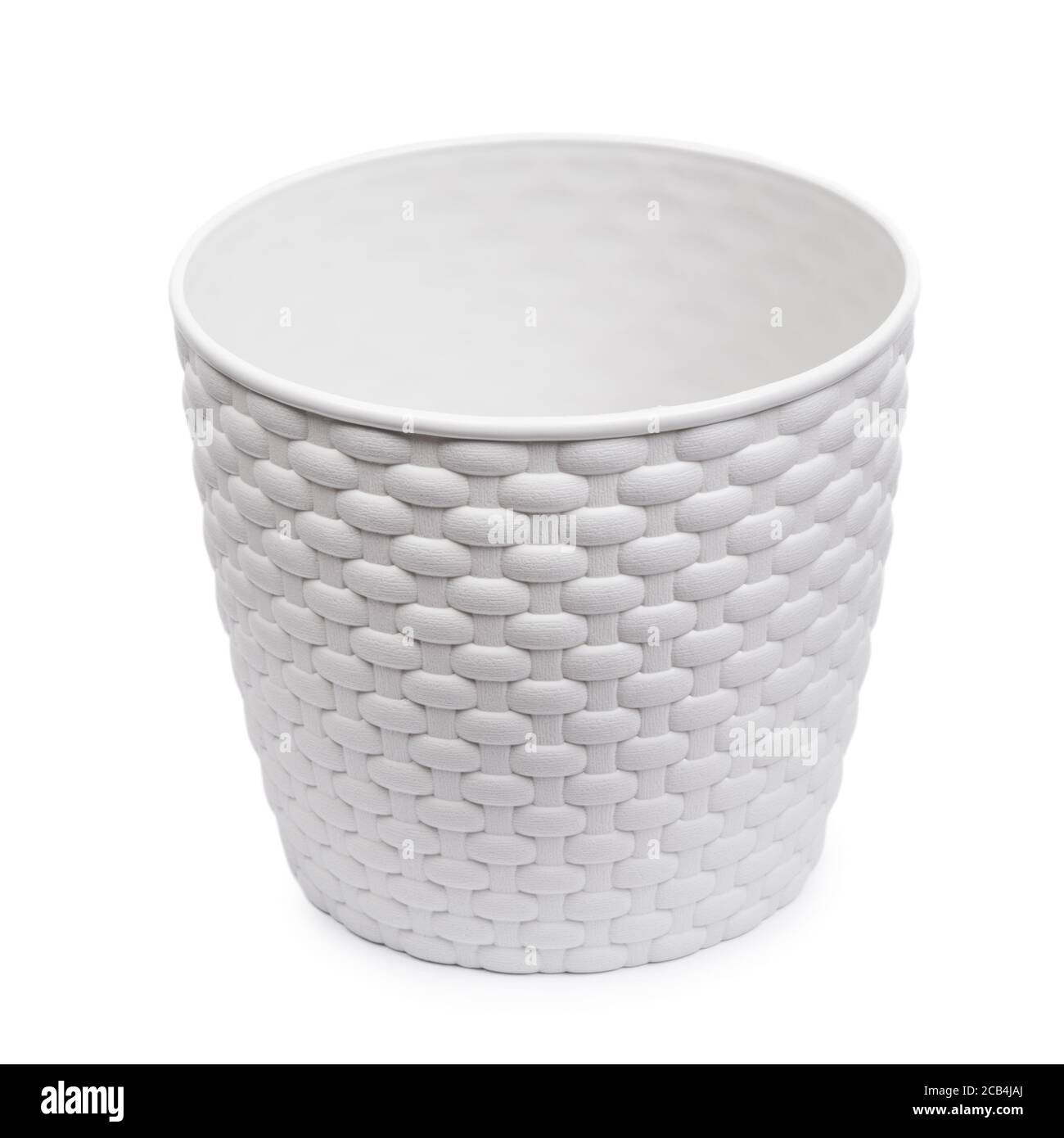 White wicker plastic vase, empty pot isolated Stock Photo