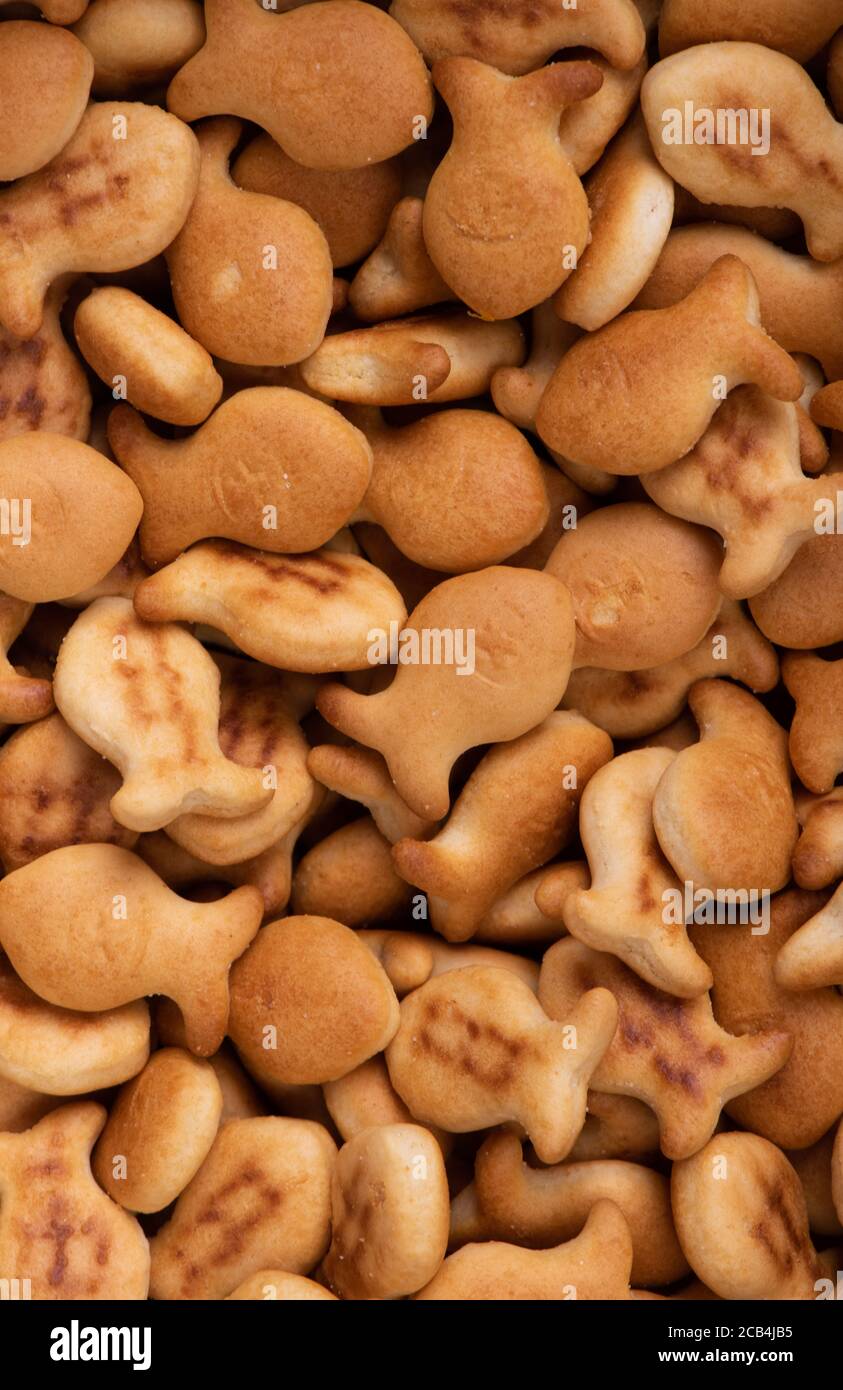 Pile of fish-shaped cookies, salt crackers background Stock Photo