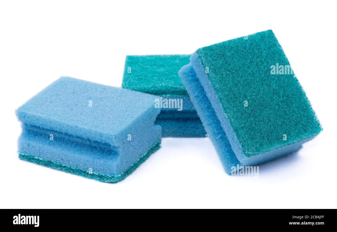 Group of new clean dishwashing sponges isolated on white background