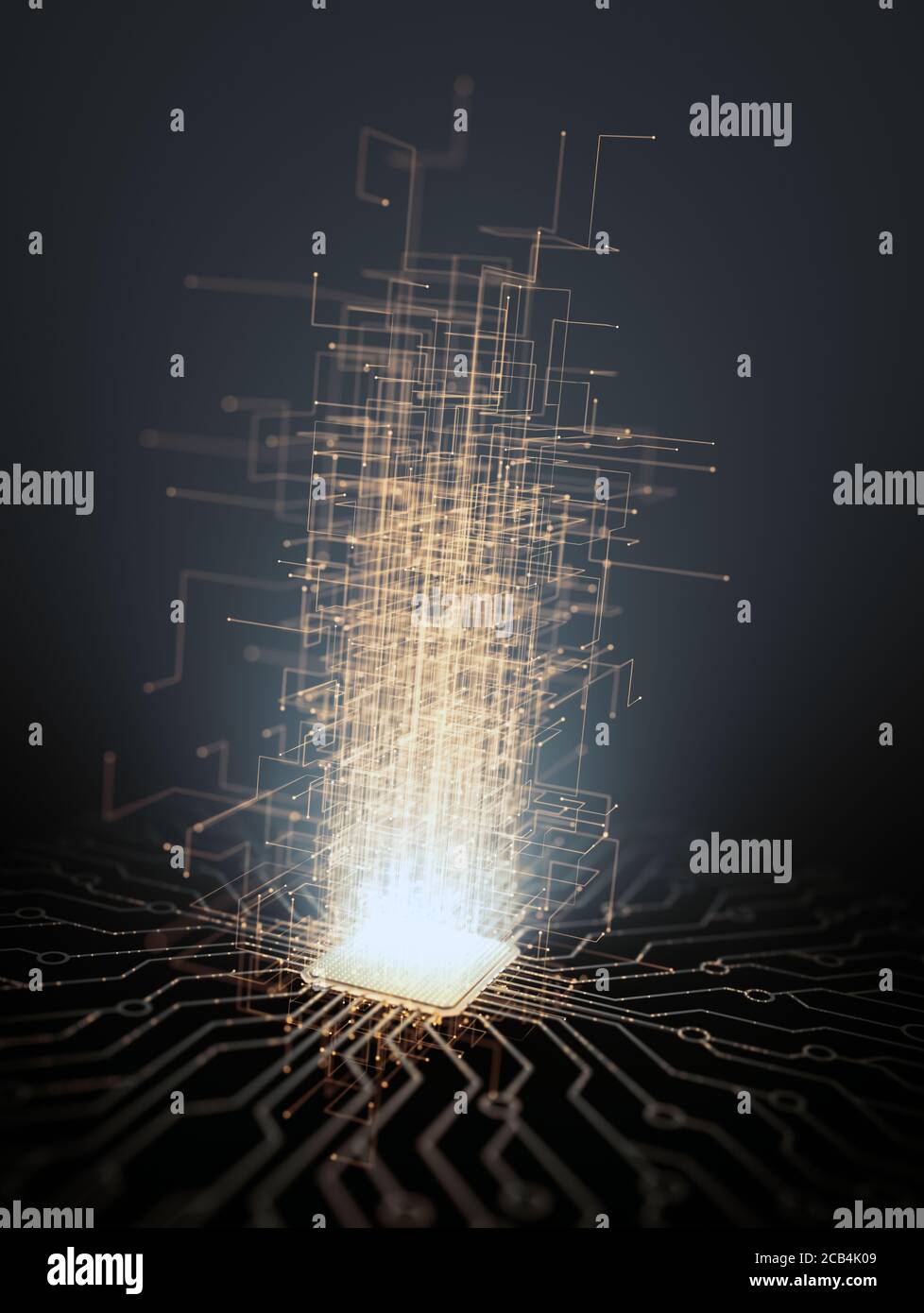 Artificial intelligence. Microchip connections, electric pulses and binary codes. Stock Photo