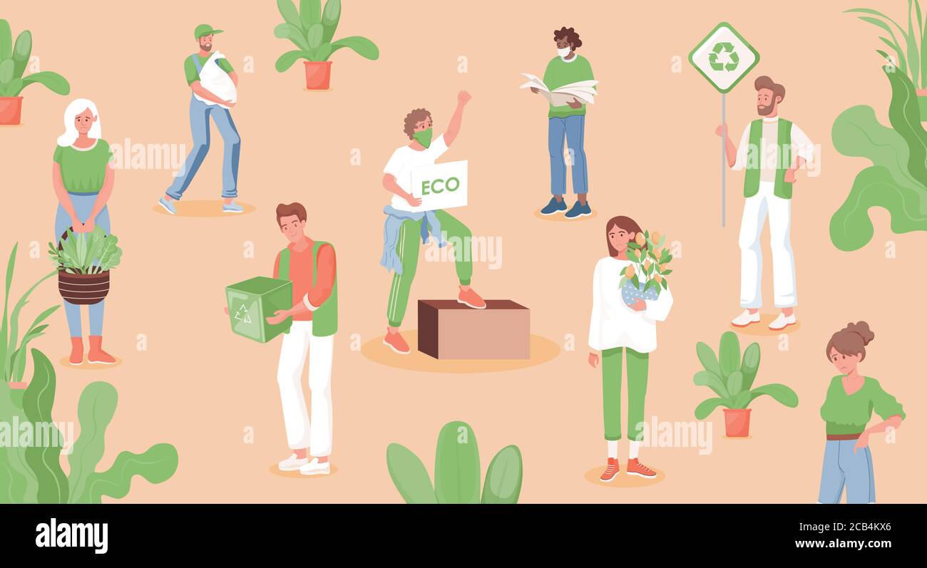 Group of eco activists protesting against environmental pollution vector flat illustration. Men and women in garden or city park holding placards, plants, and containers for recycling of waste. Stock Vector