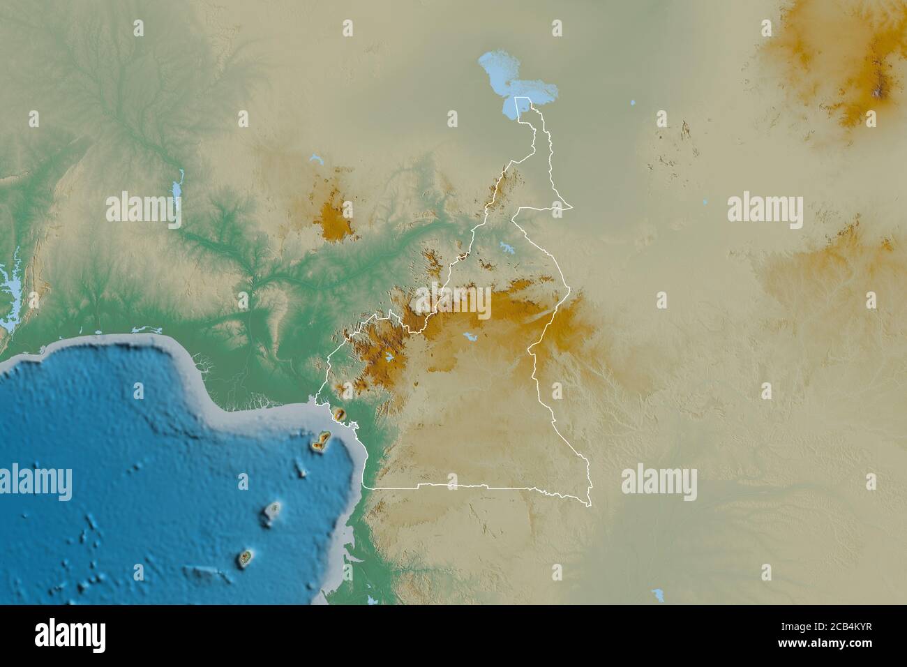 Extended area of outlined Cameroon. Topographic relief map. 3D ...