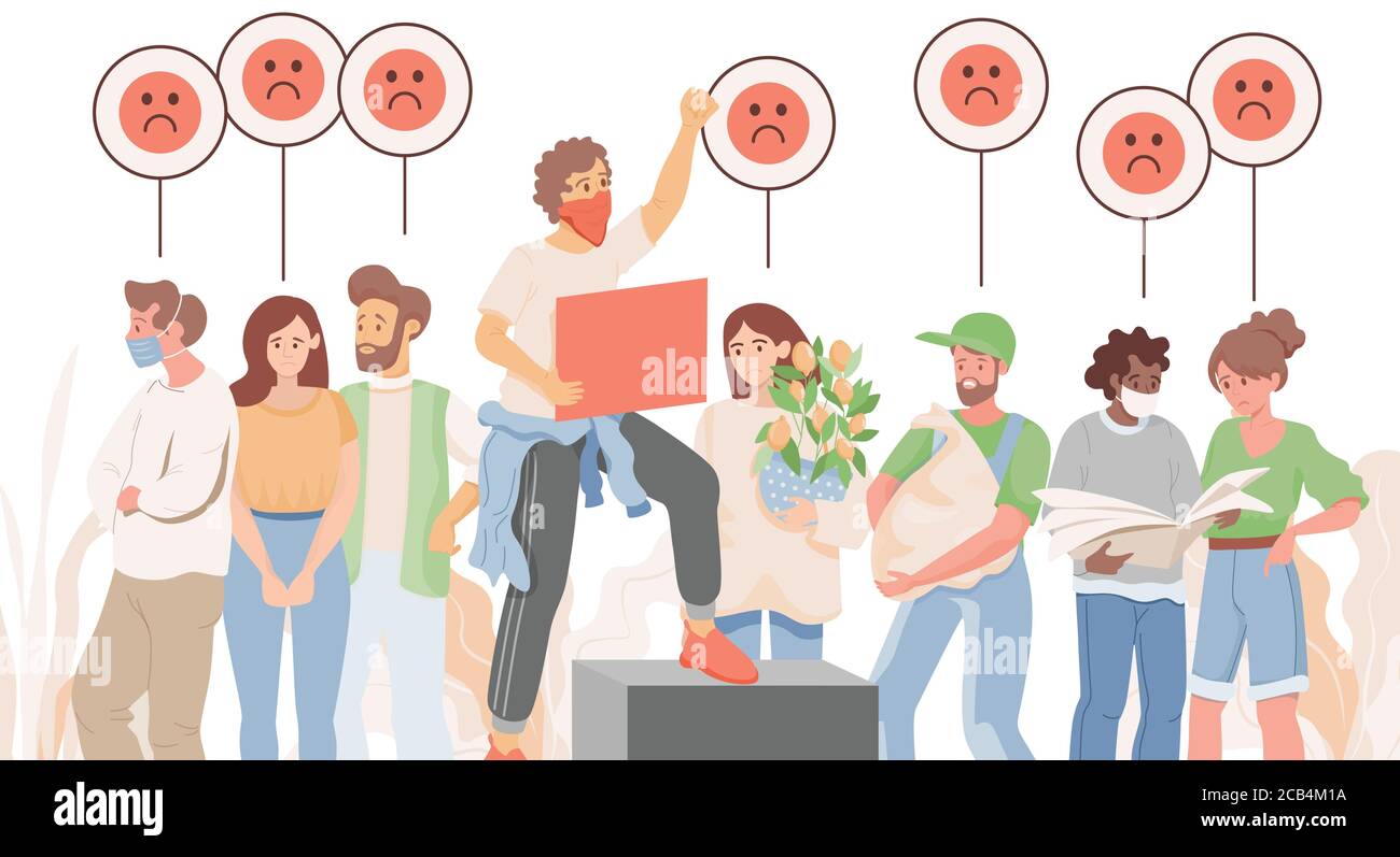 Group of sad people vector flat illustration. Upset men and women reading newspapers, holding bags and plants, and protesting. Activism, demonstration, social movement concept. Stock Vector