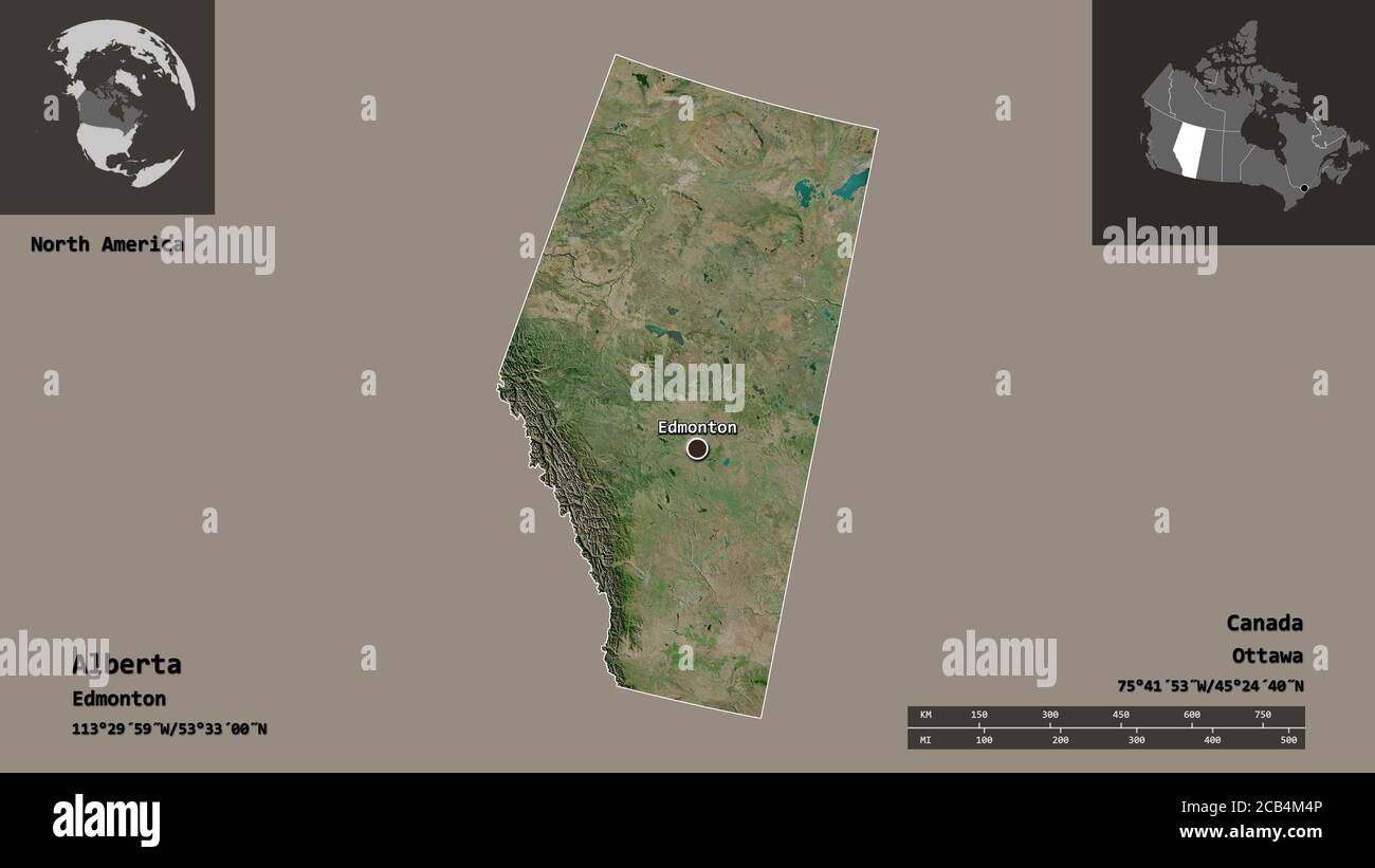 Shape of Alberta, province of Canada, and its capital. Distance scale