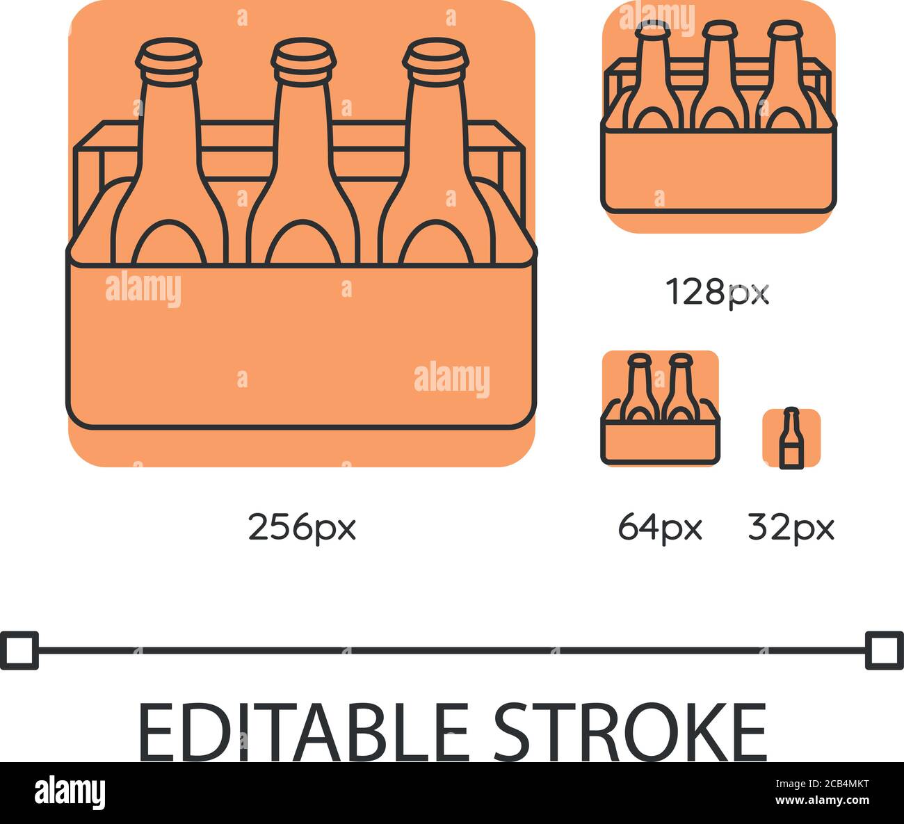 Beer orange linear icons set. Alcoholic beverage in cooler. Booze in package. Drinks in box. Thin line customizable 256, 128, 64 and 32 px vector illu Stock Vector
