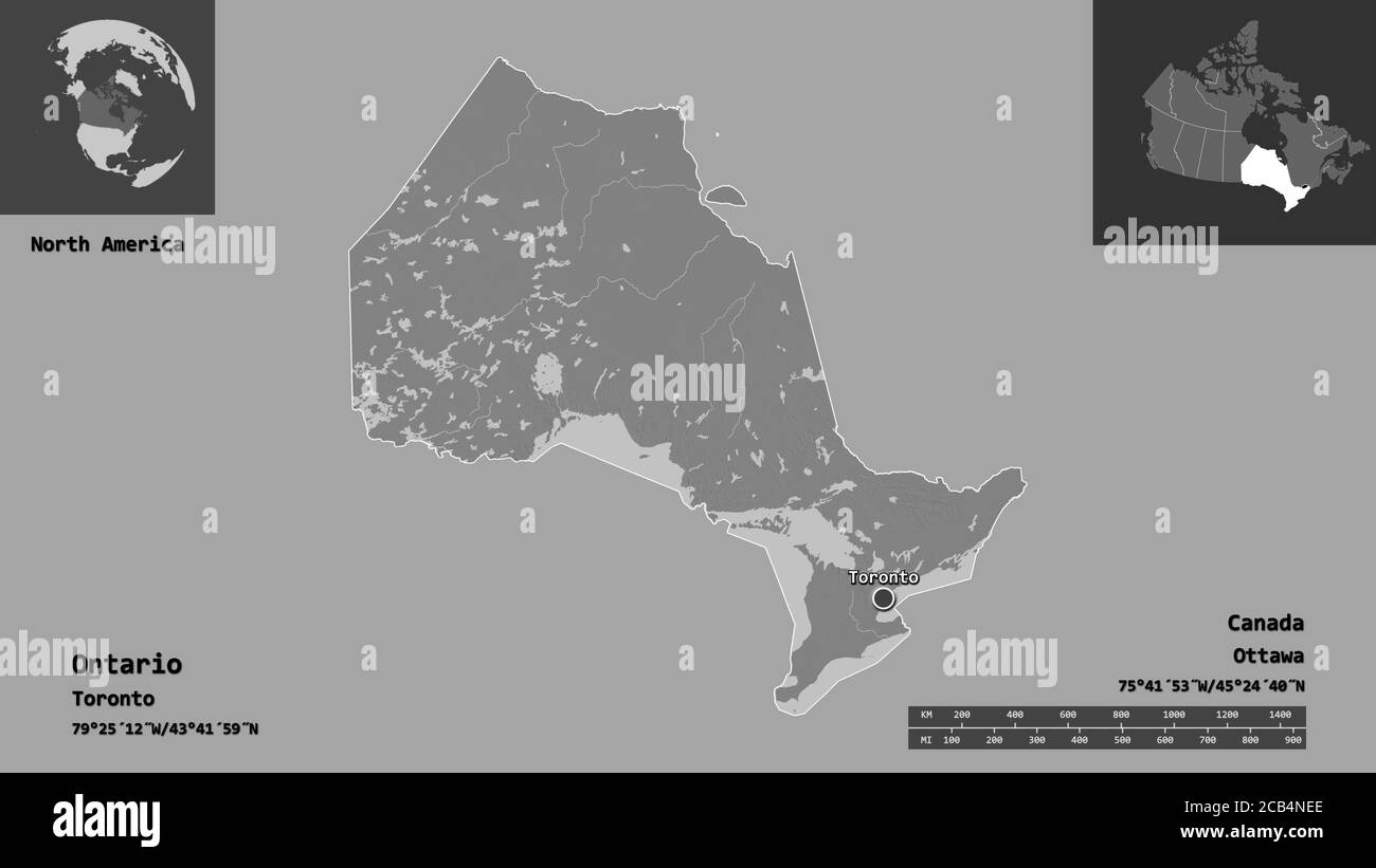Shape of Ontario, province of Canada, and its capital. Distance scale, previews and labels