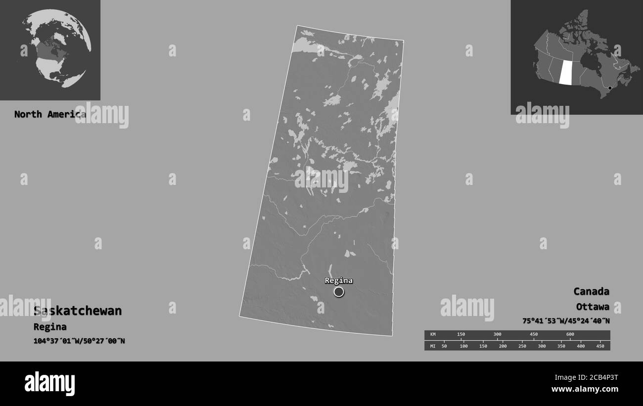 Shape of Saskatchewan, province of Canada, and its capital. Distance