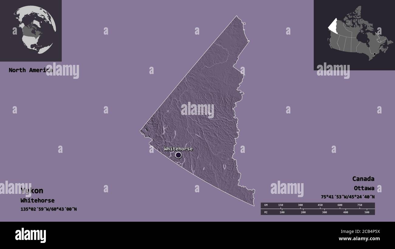 Shape of Yukon, territory of Canada, and its capital. Distance scale