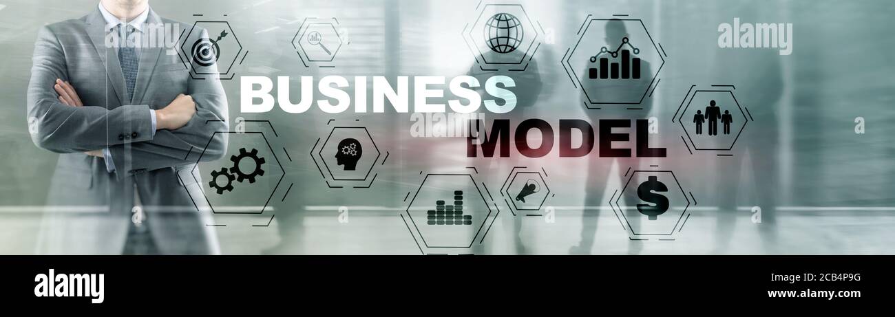 Business Model Concept. Abstract background with keywords and icons ...