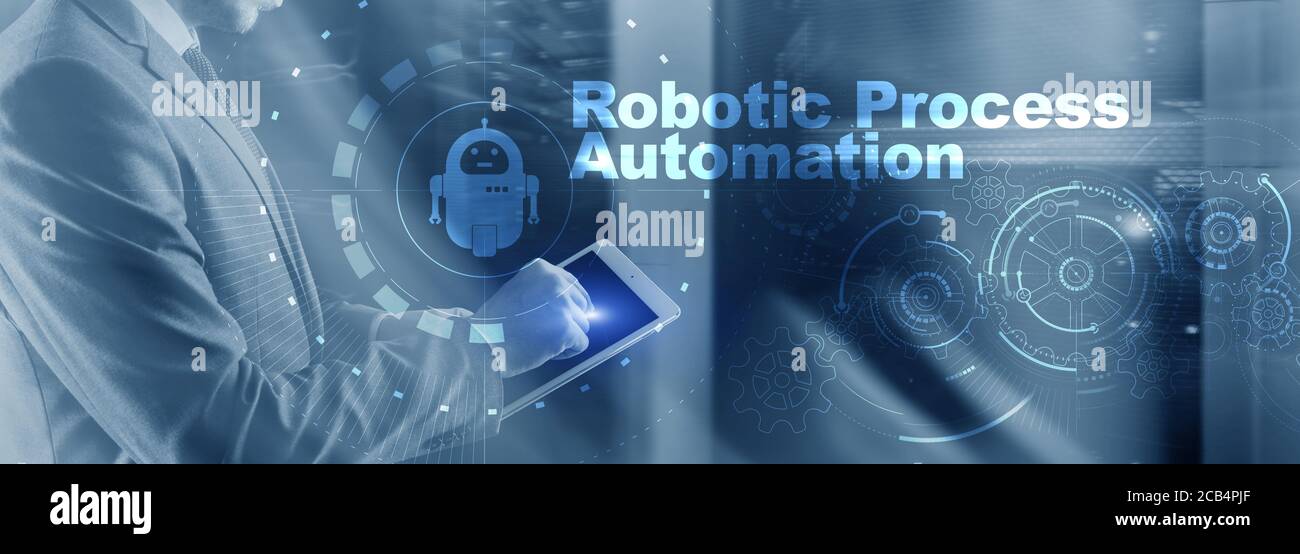 RPA Robotic Process Automation. Technology concept on virtual screen. Ai algorithm analyze Business. Stock Photo