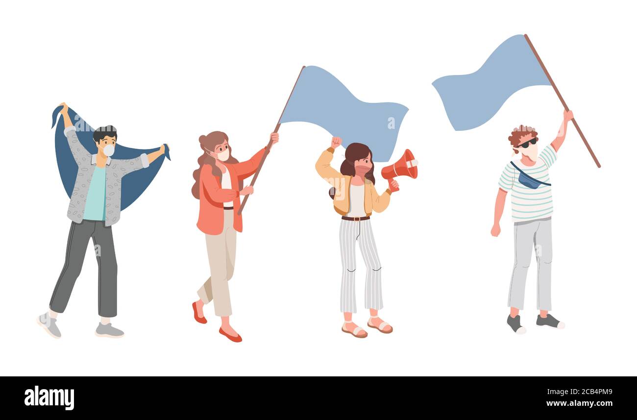 Group of people during meeting vector flat illustration. Young men and women in face masks holding flags. Social movement against inequality, demonstration, activism, voting concept. Stock Vector