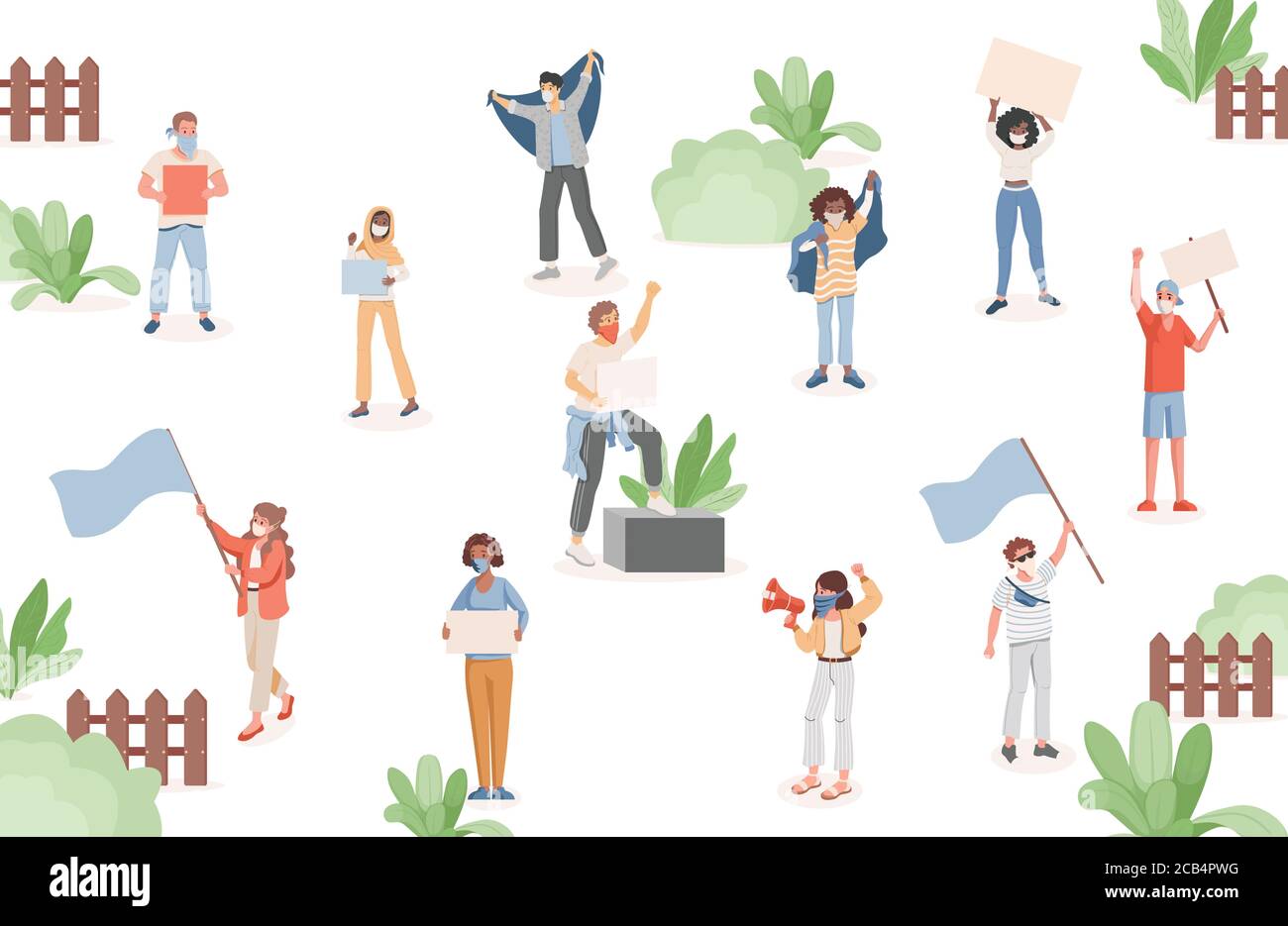 Group of people in protective face masks holding flags, loudspeakers, and placards vector flat illustration. Men and women protesting during meetings in urban park. Demonstration, protest. Stock Vector