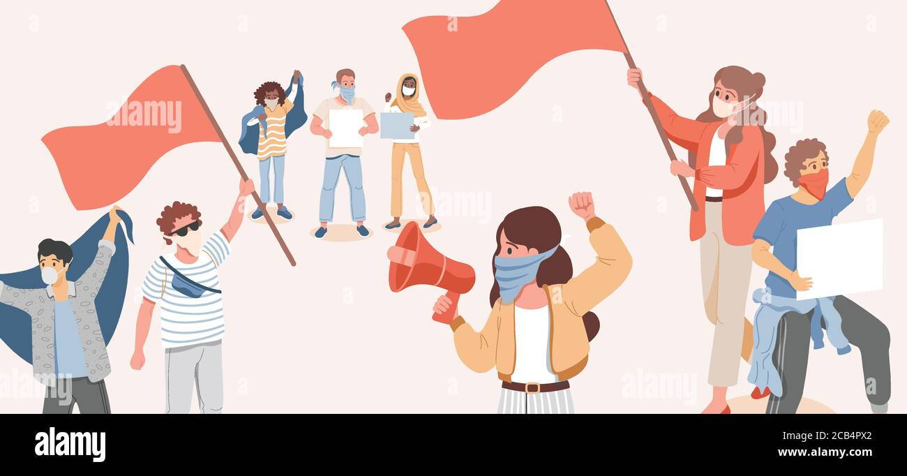 Group of people in protective face masks holding flags, loudspeakers, and placards and protesting vector flat cartoon illustration. Social movement, activism, meeting during coronavirus outbreak. Stock Vector