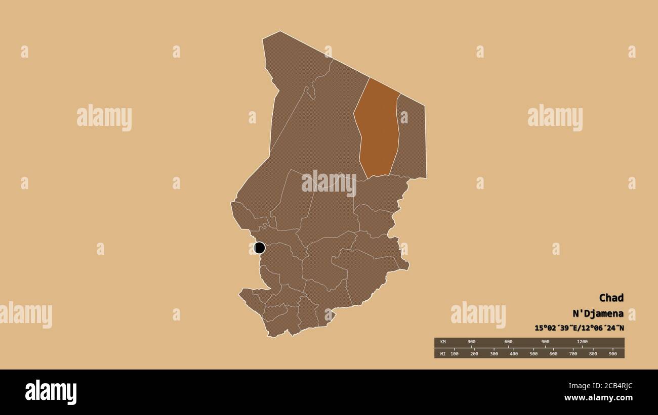 Desaturated shape of Chad with its capital, main regional division and the separated Ennedi Ouest area. Labels. Composition of patterned textures. 3D Stock Photo