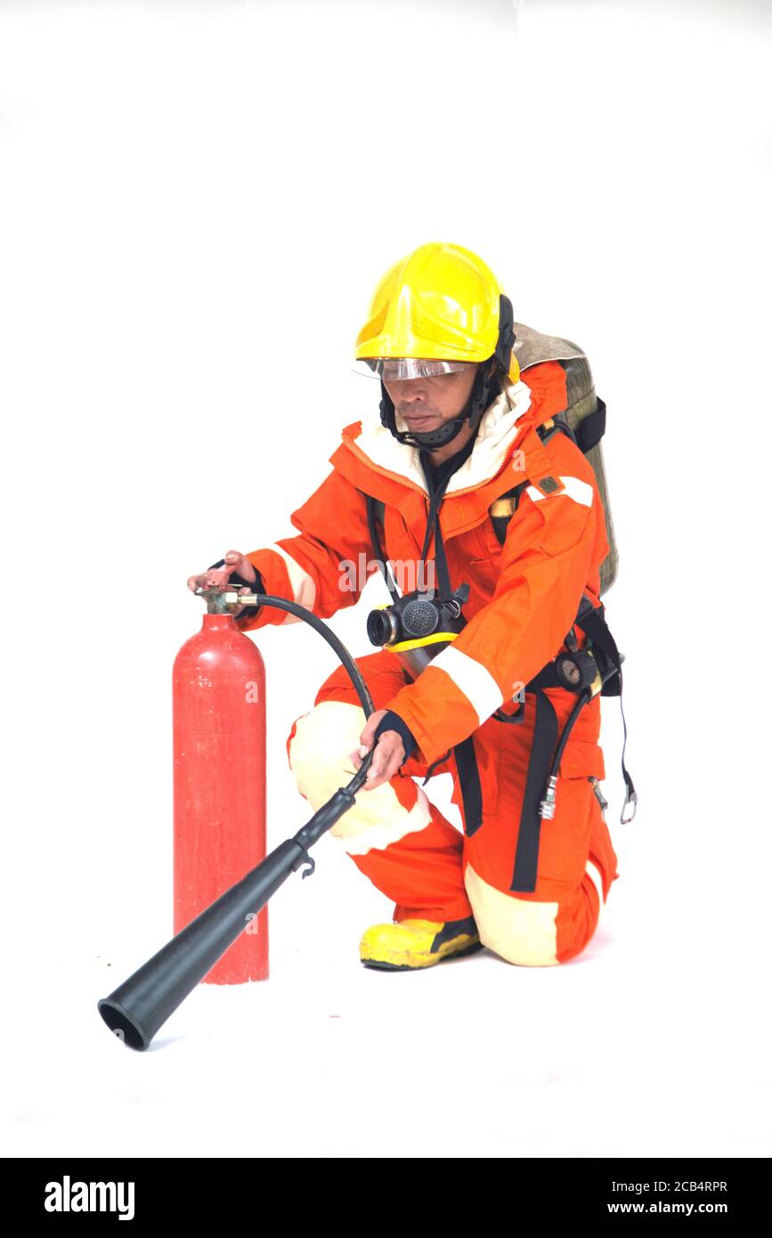 A portrait of Asian male firefighter in orange protective uniform