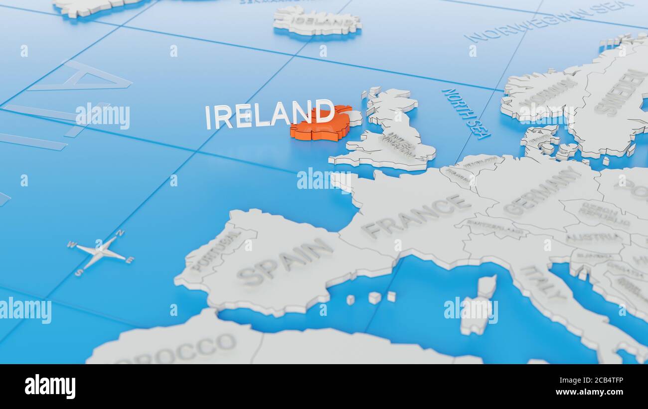 Ireland highlighted on a white simplified 3D world map. Digital 3D