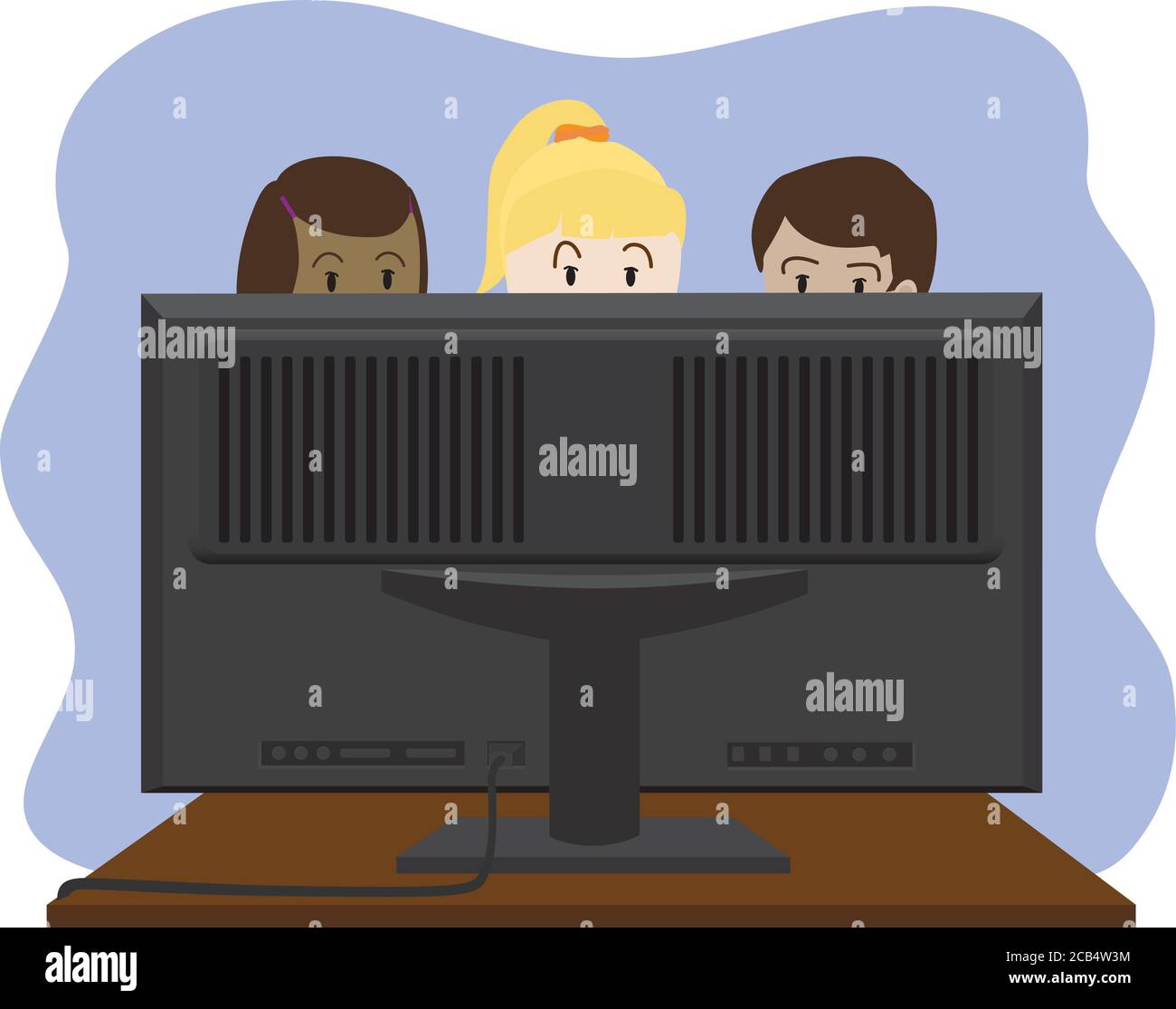 Vector illustration - a vignette of 3 children, with raised eyebrows, watching television. A caucasian girl and boy and a darker skinned girl. Stock Vector
