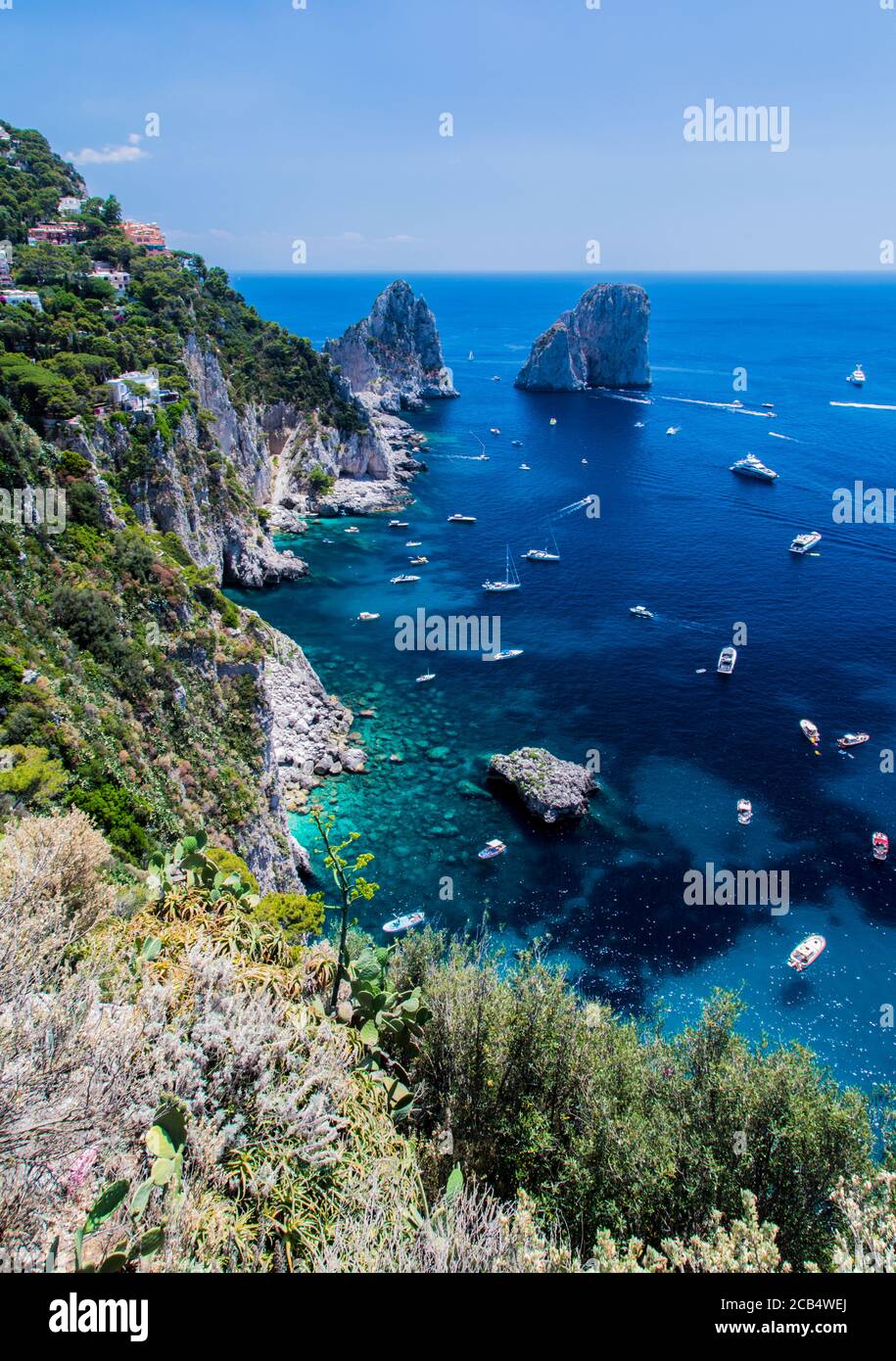 View of the Faraglioni Sea Stacks in Capri as seen from the Gardens of Augustus Stock Photo