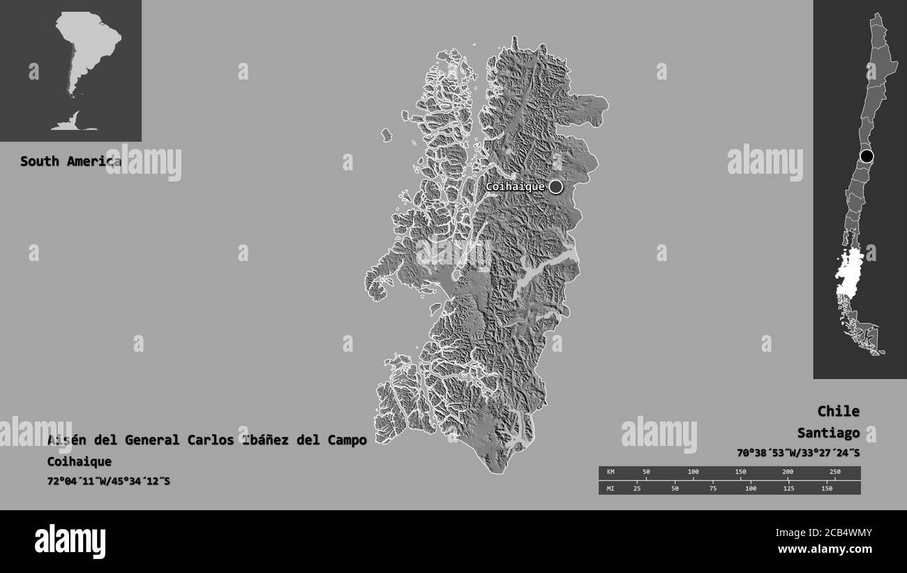 Shape of Aisén del General Carlos Ibáñez del Campo, region of Chile, and its capital. Distance scale, previews and labels. Bilevel elevation map. 3D r Stock Photo