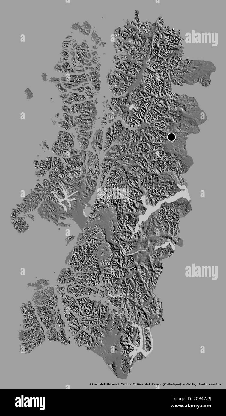 Shape of Aisén del General Carlos Ibáñez del Campo, region of Chile, with its capital isolated on a solid color background. Bilevel elevation map. 3D Stock Photo