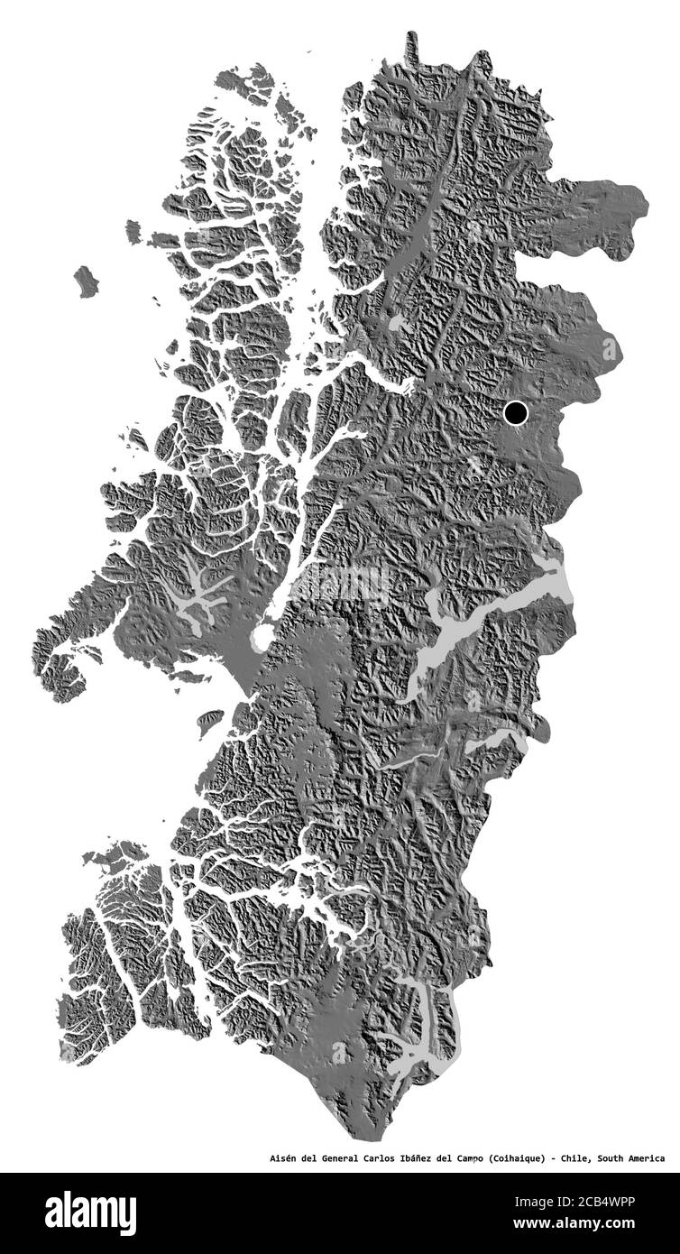 Shape of Aisén del General Carlos Ibáñez del Campo, region of Chile, with its capital isolated on white background. Bilevel elevation map. 3D renderin Stock Photo