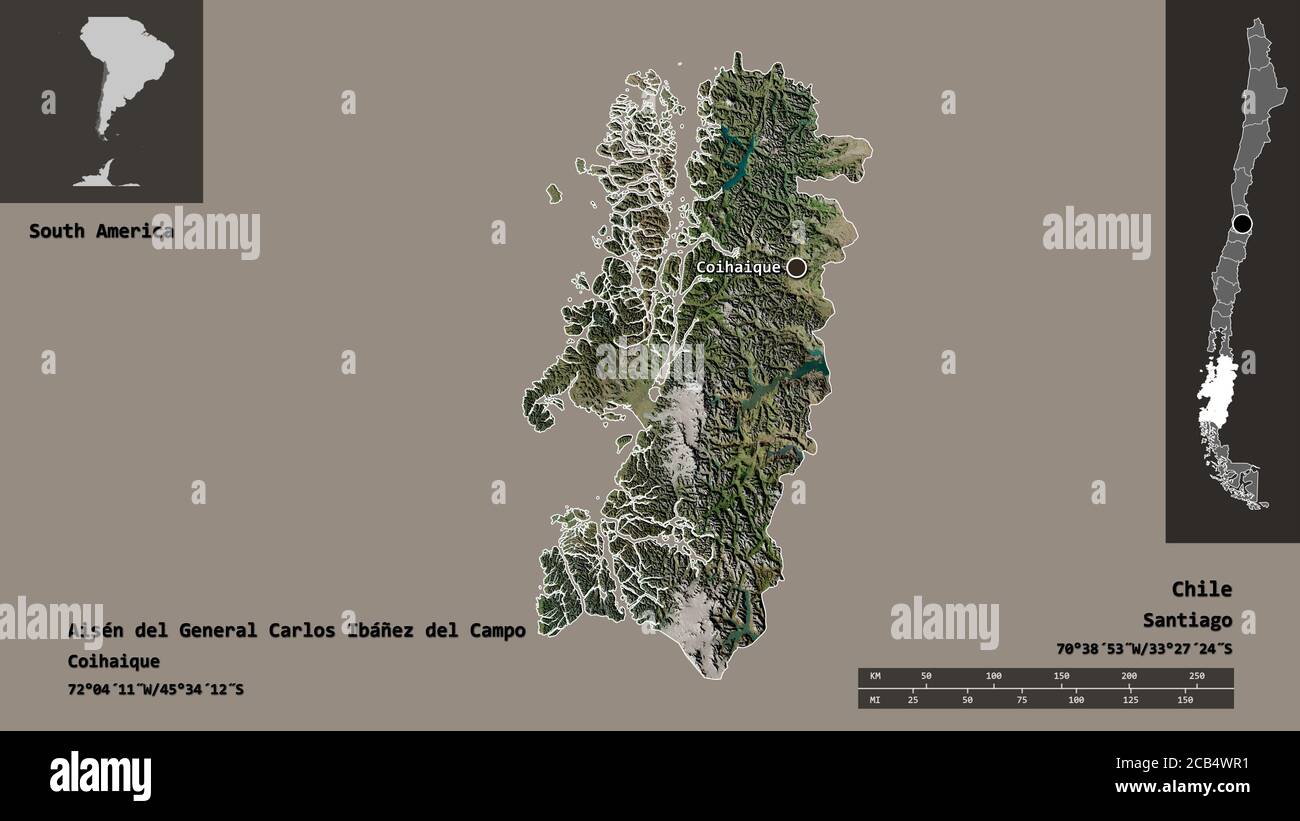 Shape of Aisén del General Carlos Ibáñez del Campo, region of Chile, and its capital. Distance scale, previews and labels. Satellite imagery. 3D rende Stock Photo