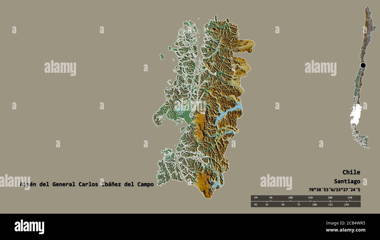 Shape of Aisén del General Carlos Ibáñez del Campo, region of Chile, with its capital isolated on solid background. Distance scale, region preview and Stock Photo