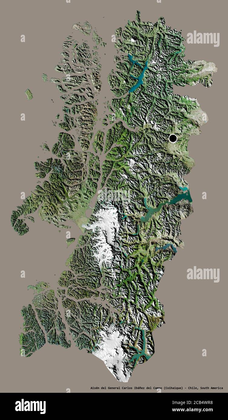 Shape of Aisén del General Carlos Ibáñez del Campo, region of Chile, with its capital isolated on a solid color background. Satellite imagery. 3D rend Stock Photo