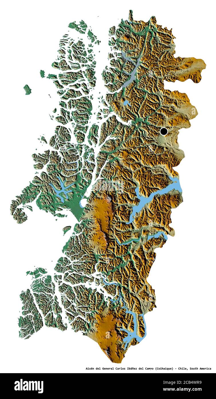 Shape of Aisén del General Carlos Ibáñez del Campo, region of Chile, with its capital isolated on white background. Topographic relief map. 3D renderi Stock Photo