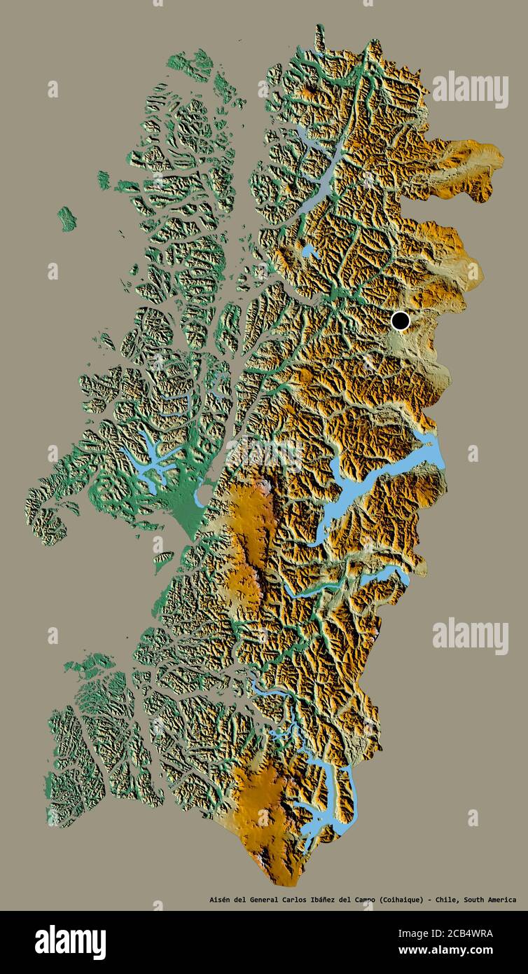 Shape of Aisén del General Carlos Ibáñez del Campo, region of Chile, with its capital isolated on a solid color background. Topographic relief map. 3D Stock Photo
