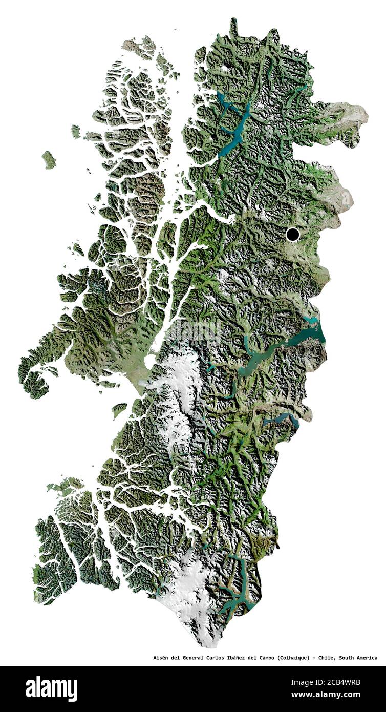 Shape of Aisén del General Carlos Ibáñez del Campo, region of Chile, with its capital isolated on white background. Satellite imagery. 3D rendering Stock Photo