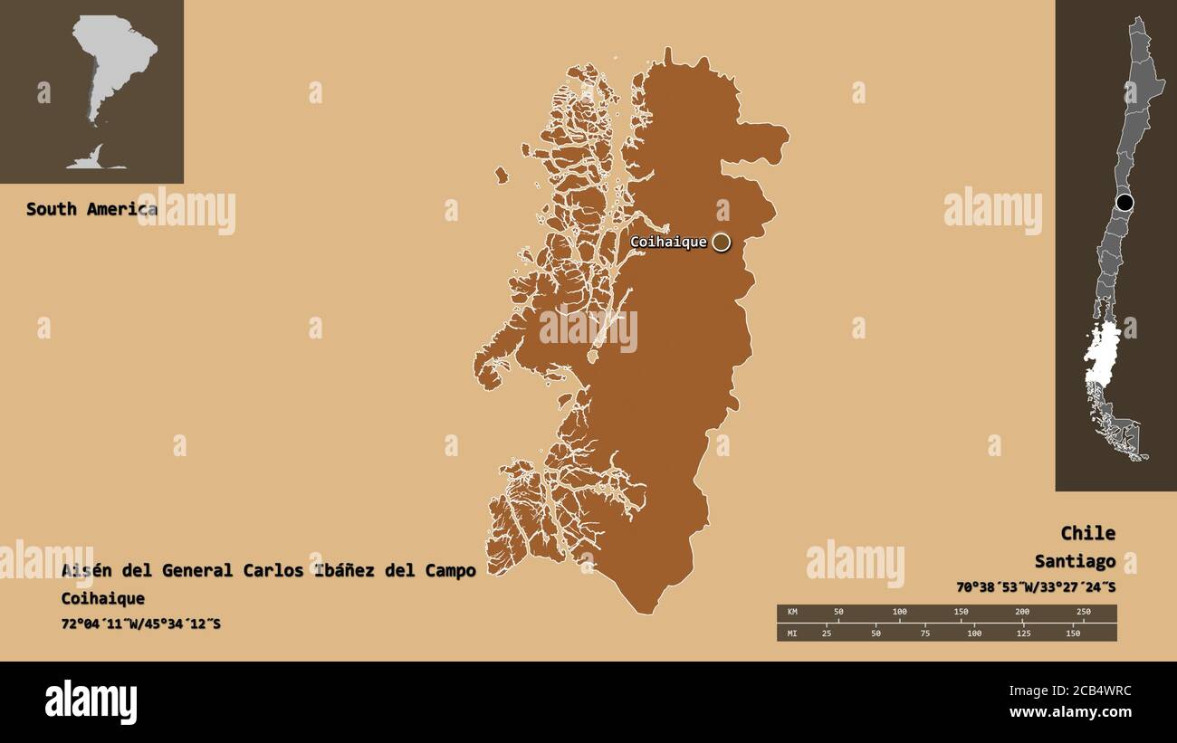 Shape of Aisén del General Carlos Ibáñez del Campo, region of Chile, and its capital. Distance scale, previews and labels. Composition of patterned te Stock Photo