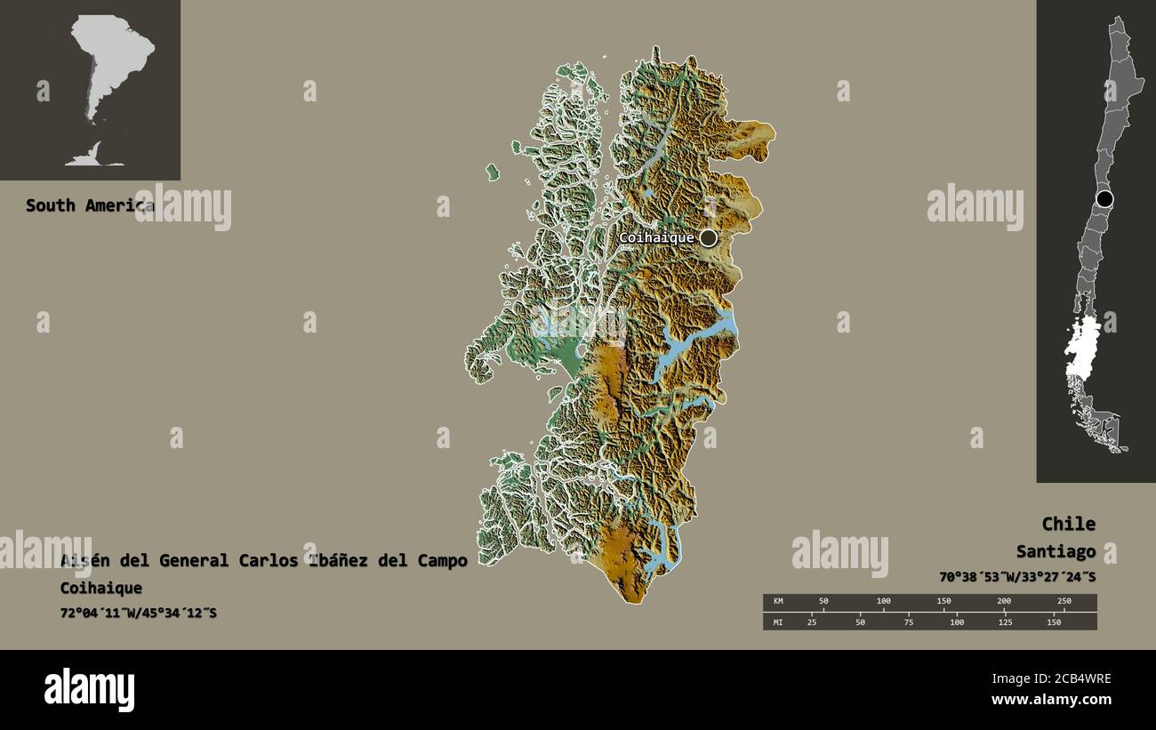 Shape of Aisén del General Carlos Ibáñez del Campo, region of Chile, and its capital. Distance scale, previews and labels. Topographic relief map. 3D Stock Photo
